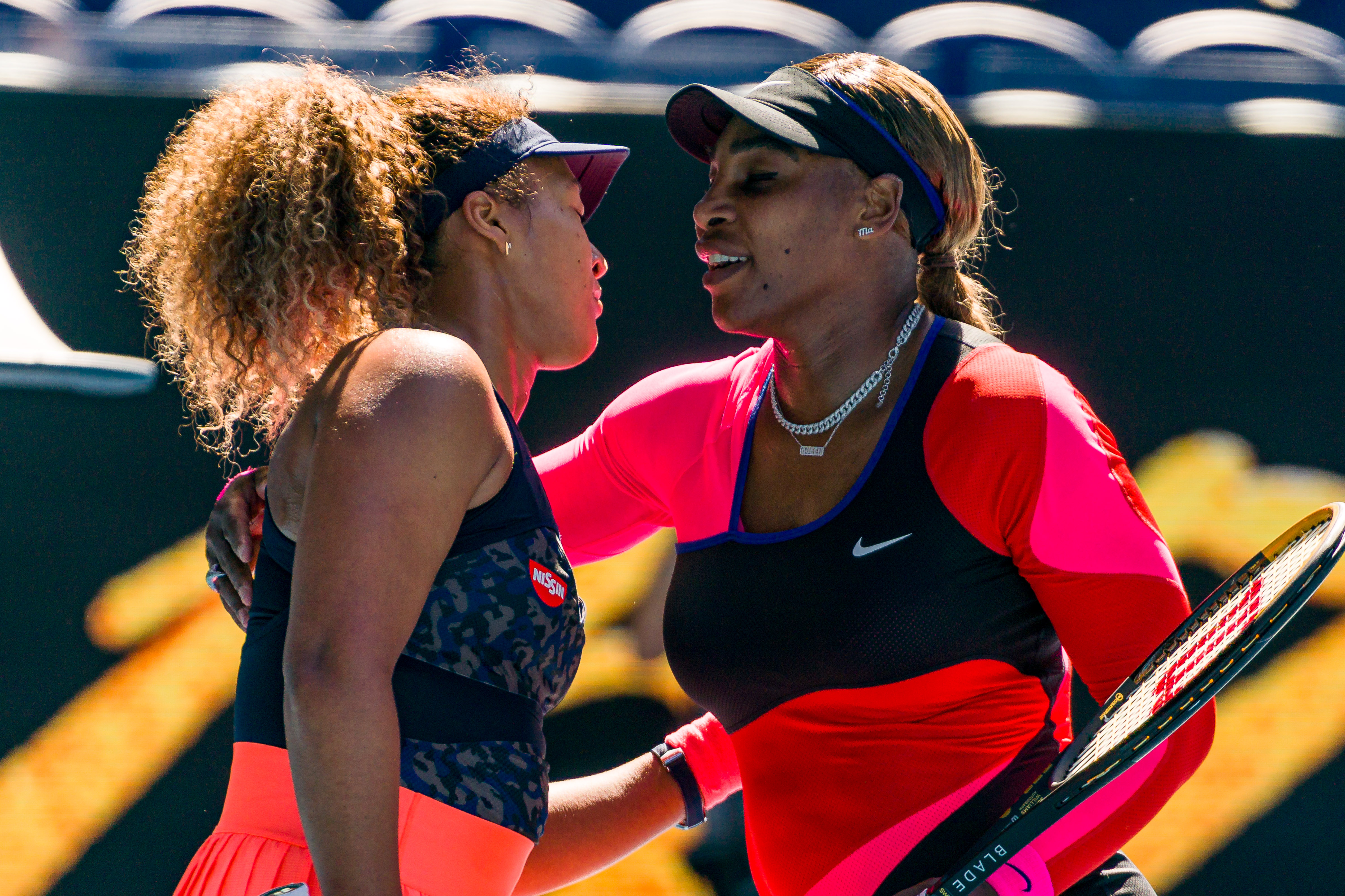 MELBOURNE, AUSTRALIA - FEBRUARY 18: Naomi Osaka of Japan shakes hands with Serena Williams of the United States in their Women’s Singles Semifinals match during day 11 of the 2021 Australian Open at Melbourne Park on February 18, 2021 in Melbourne, Australia. (Photo by Andy Cheung/Getty Images)