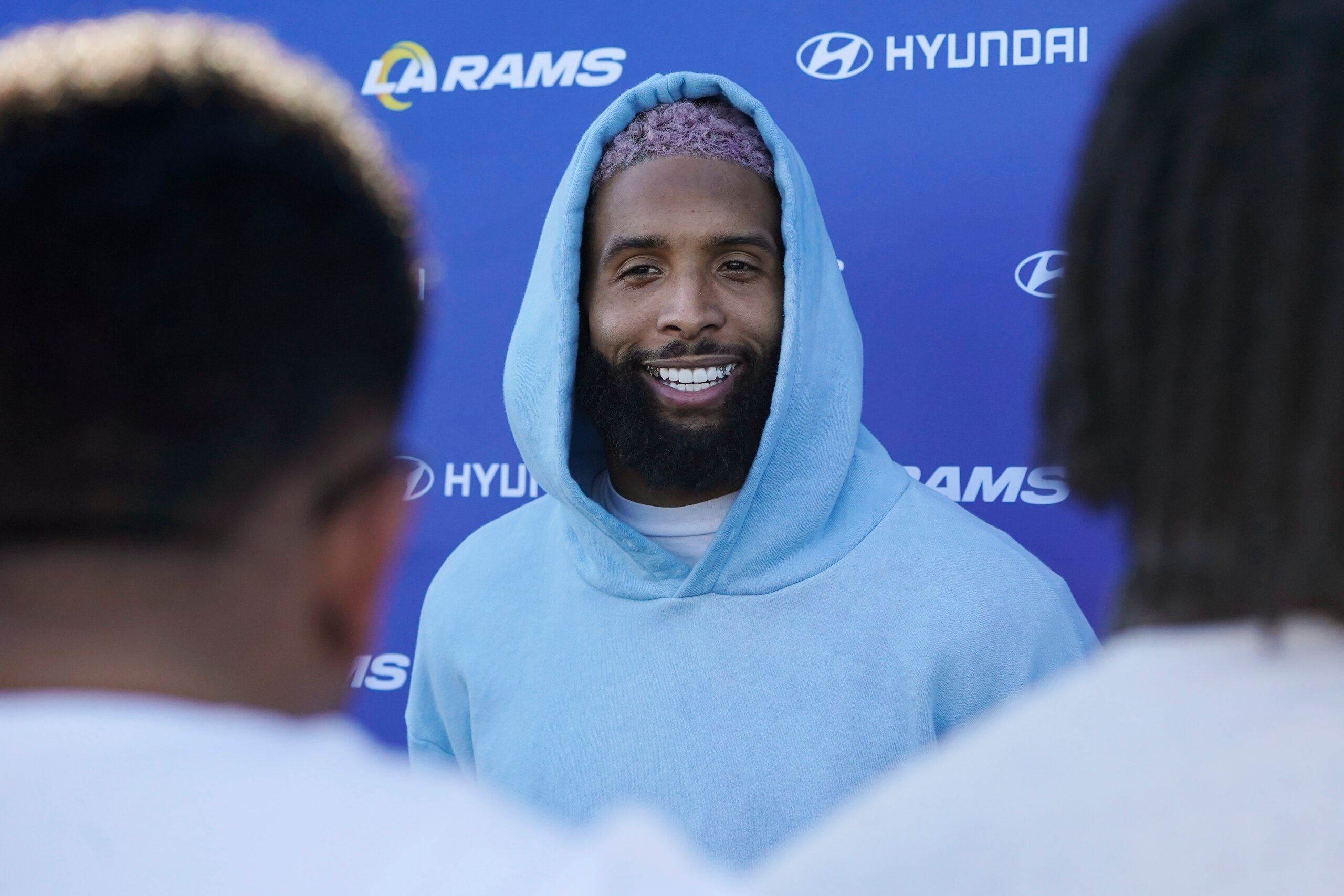 Los Angeles Rams wide receiver Odell Beckham Jr. fields questions after NFL football practice Saturday, Nov. 13, 2021, in Thousand Oaks, Calif. (AP Photo/Marcio Jose Sanchez)