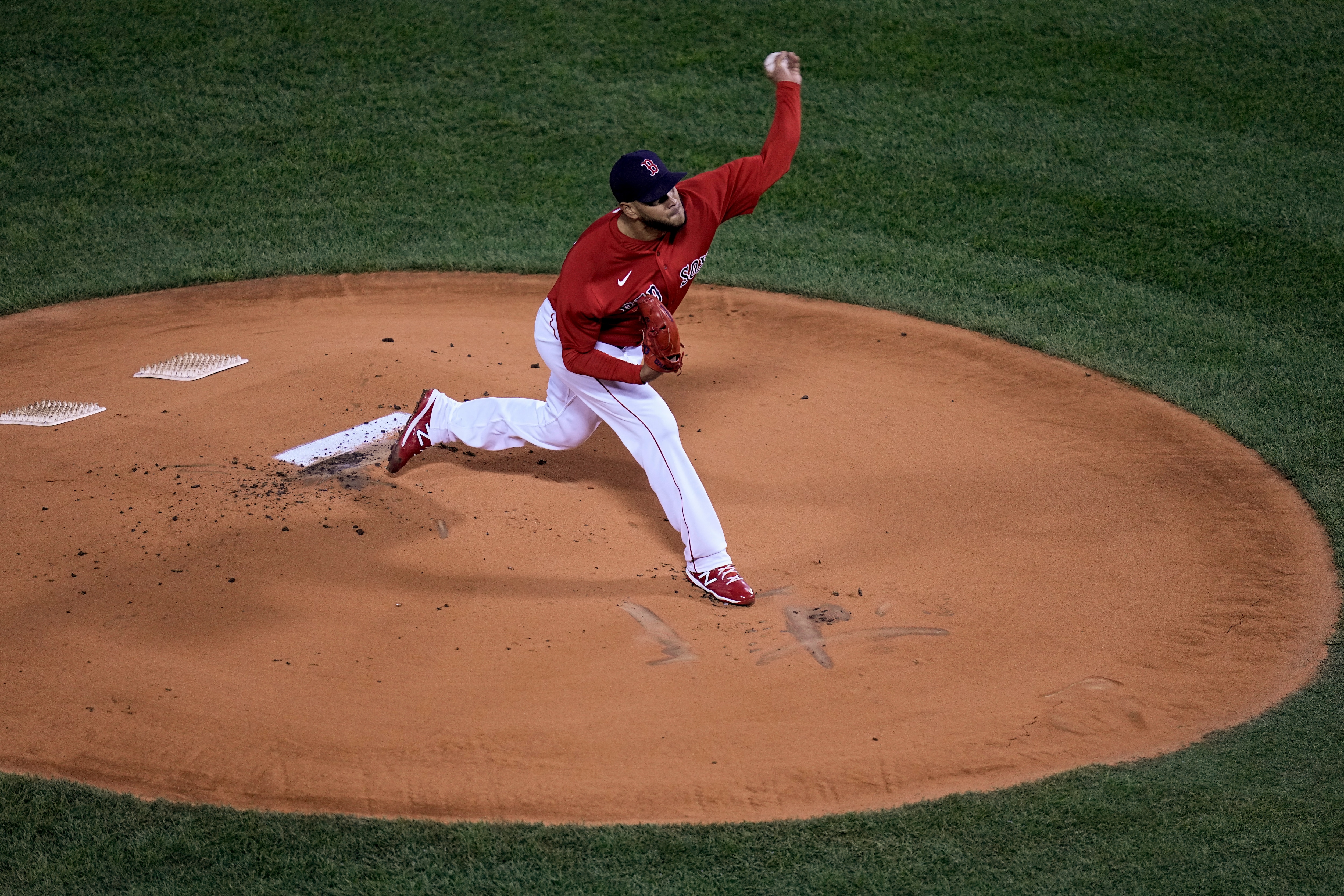 Boston Red Sox starting pitcher Eduardo Rodriguez throws against the Houston Astros during the first inning in Game 3 of baseball's American League Championship Series Monday, Oct. 18, 2021, in Boston. (AP Photo/Charles Krupa)