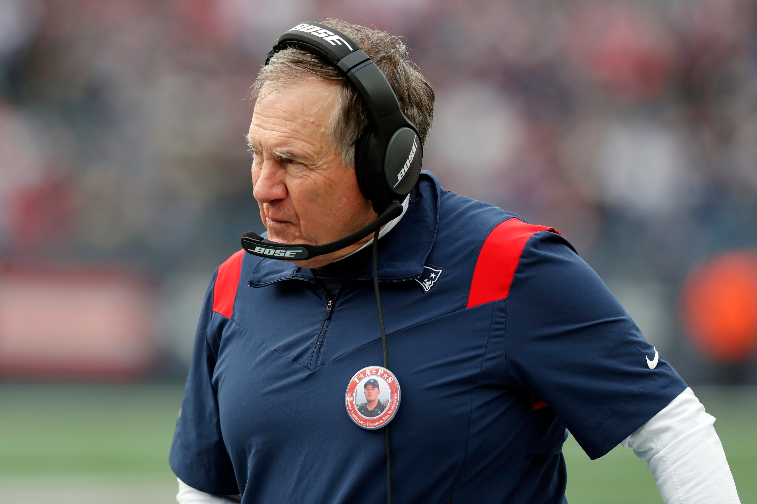 New England Patriots head coach Bill Belichick during the first half of an NFL football game against the Cleveland Browns, Sunday, Nov. 14, 2021, in Foxborough, Mass. (AP Photo/Michael Dwyer)