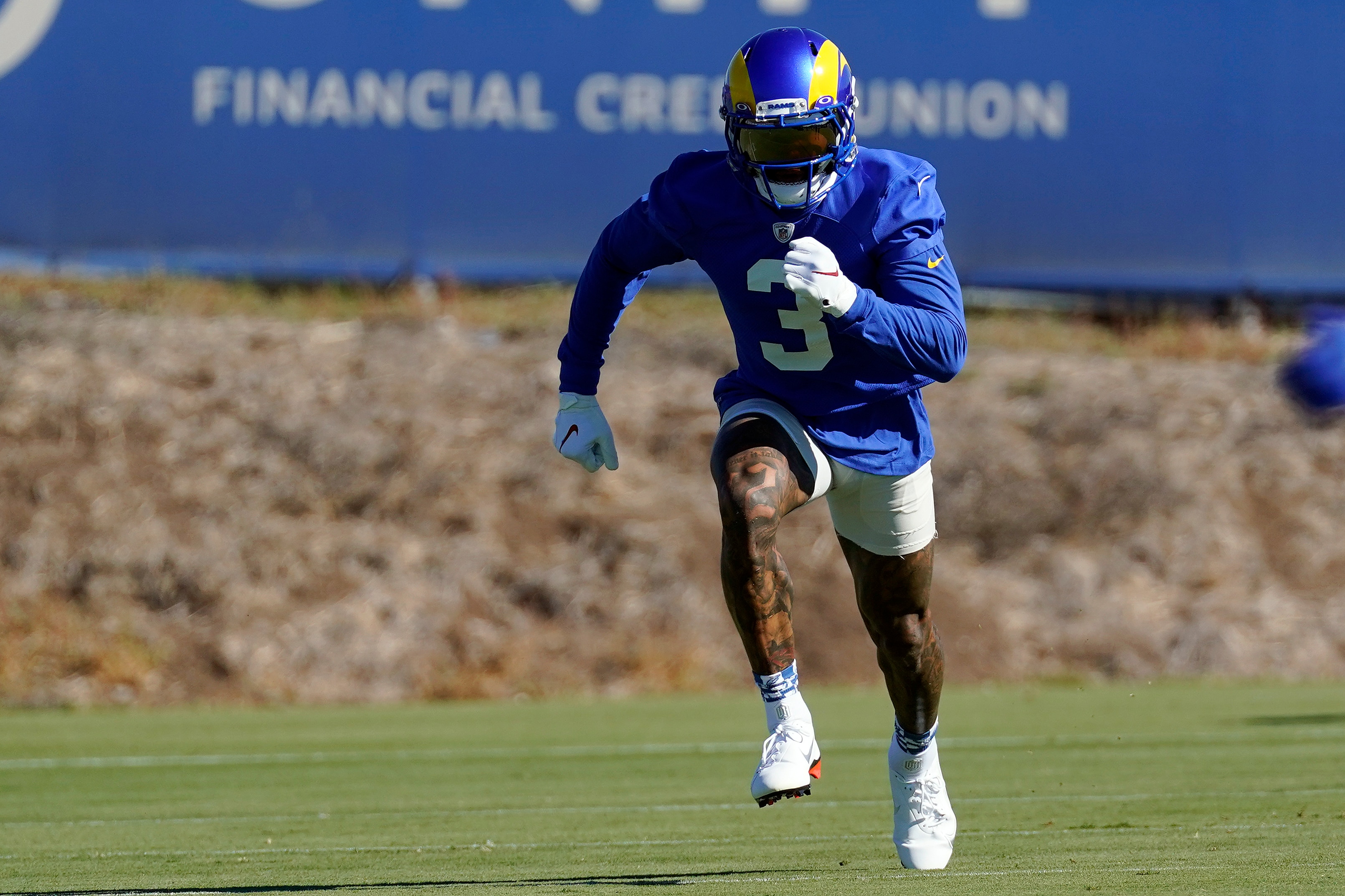 Los Angeles Rams wide receiver Odell Beckham Jr. runs a pass route during NFL football practice Saturday, Nov. 13, 2021, in Thousand Oaks, Calif. (AP Photo/Marcio Jose Sanchez)
