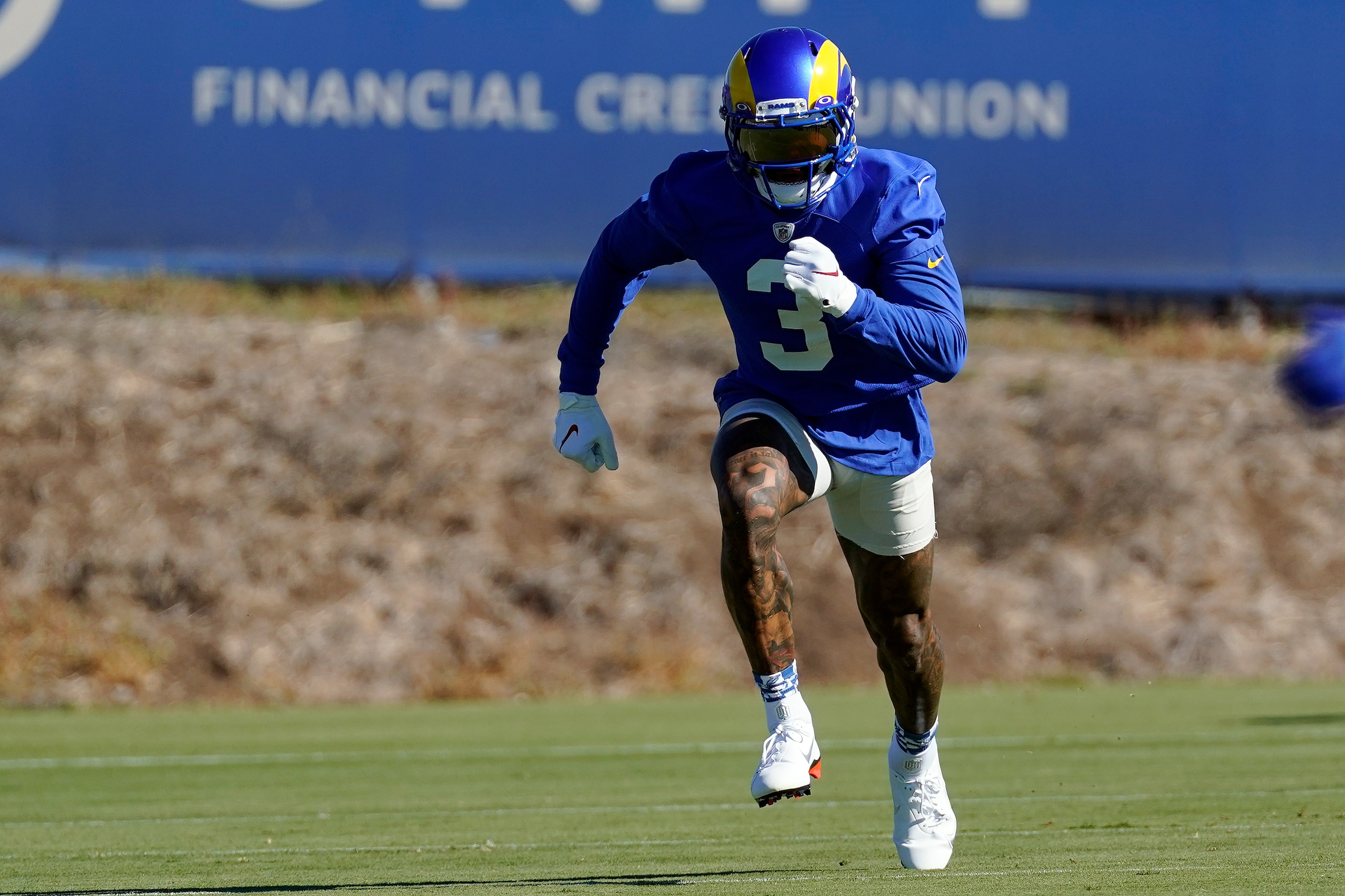 Los Angeles Rams wide receiver Odell Beckham Jr. runs a pass route during NFL football practice Saturday, Nov. 13, 2021, in Thousand Oaks, Calif. (AP Photo/Marcio Jose Sanchez)