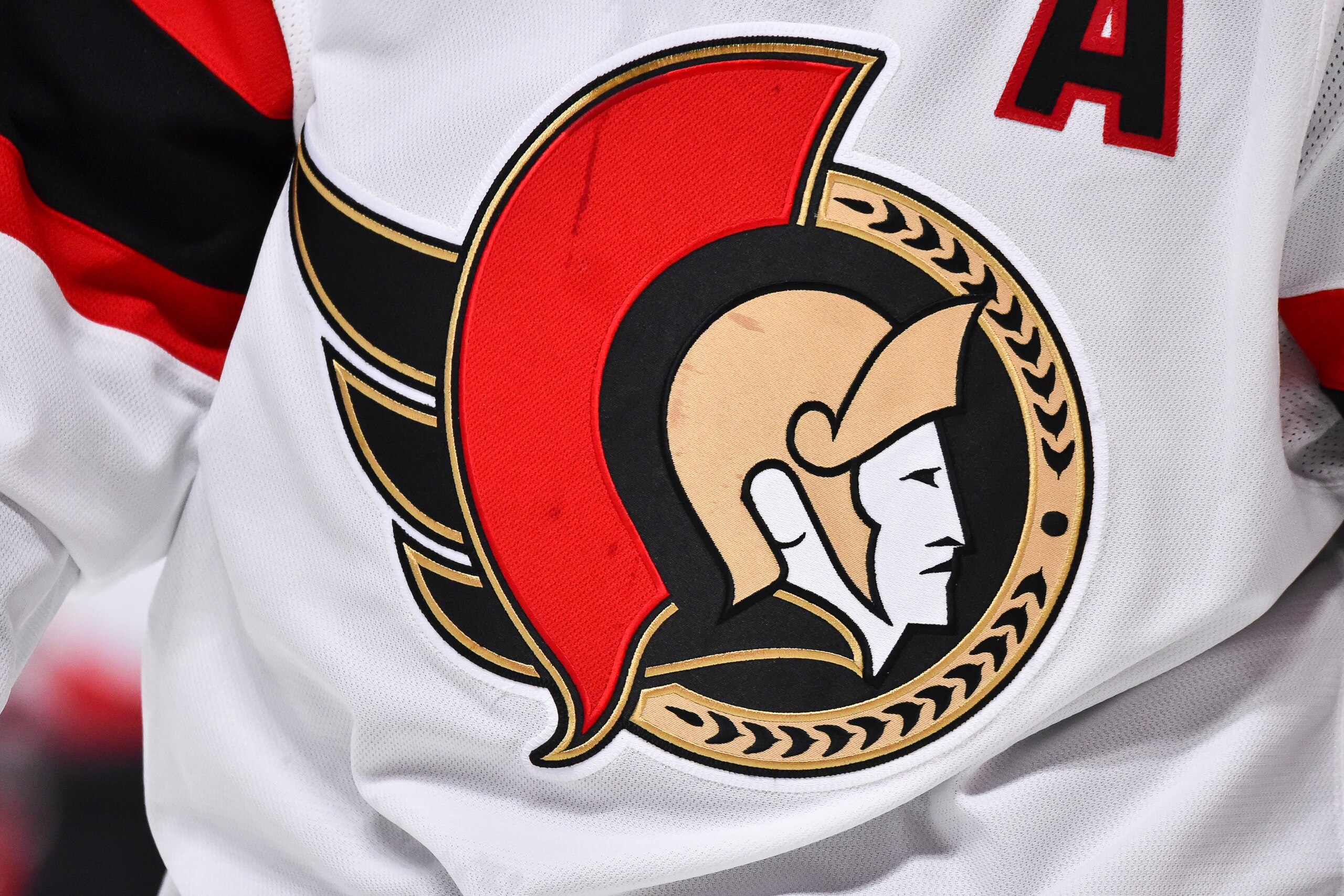MONTREAL, QC - MARCH 02:  A close-up detail of the Ottawa Senators logo seen during the second period against the Montreal Canadiens at the Bell Centre on March 2, 2021 in Montreal, Canada.  The Montreal Canadiens defeated the Ottawa Senators 3-1.  (Photo by Minas Panagiotakis/Getty Images)