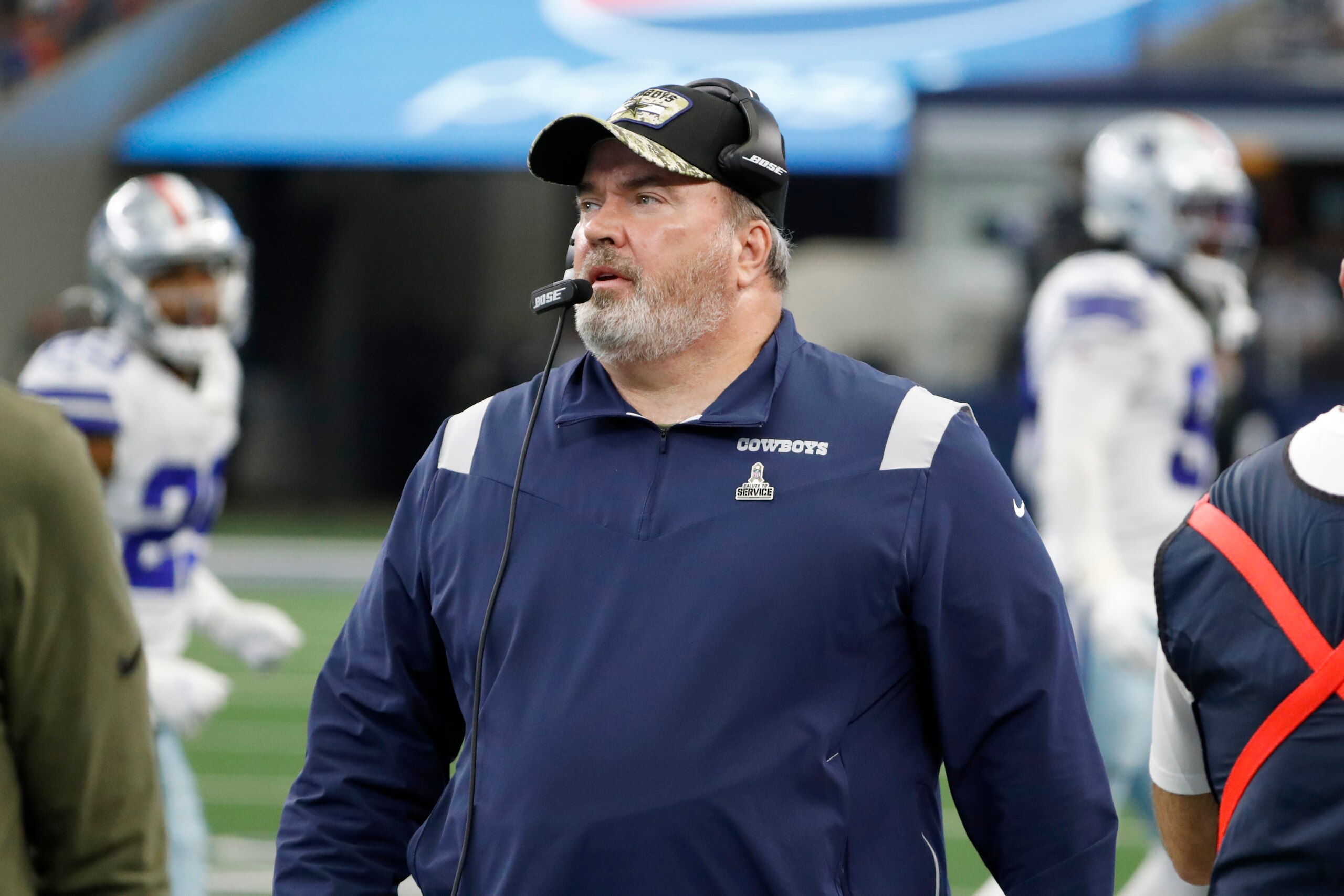 Dallas Cowboys head coach Mike McCarthy walks on the sideline during the second half of an NFL football game against the Denver Broncos in Arlington, Texas, Sunday, Nov. 7, 2021. (AP Photo/Roger Steinman) Dallas Cowboys head coach Mike McCarthy walks on the sideline during the second half of an NFL football game against the Denver Broncos in Arlington, Texas, Sunday, Nov. 7, 2021. (AP Photo/Roger Steinman)