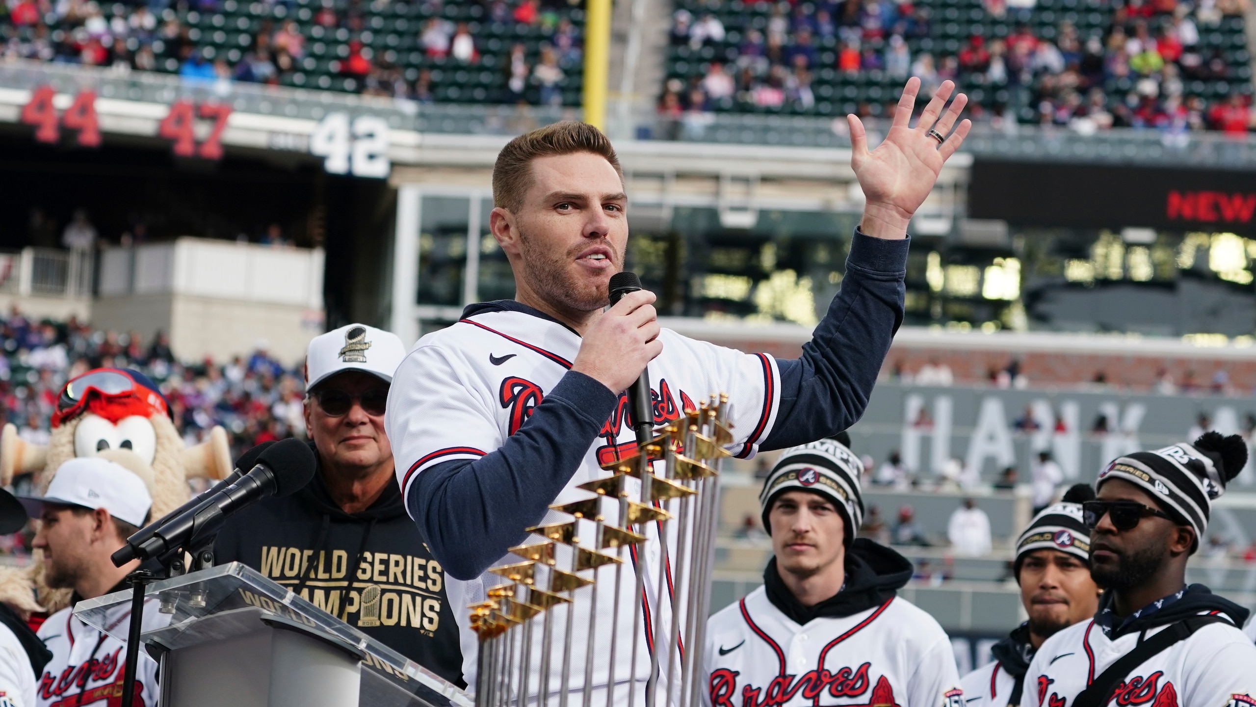 Atlanta Braves' Freddie Freeman speaks during a celebration at Truist Park, Friday, Nov. 5, 2021, in Atlanta. The Braves beat the Houston Astros 7-0 in Game 6 on Tuesday to win their first World Series MLB baseball title in 26 years. (AP Photo/John Bazemore)