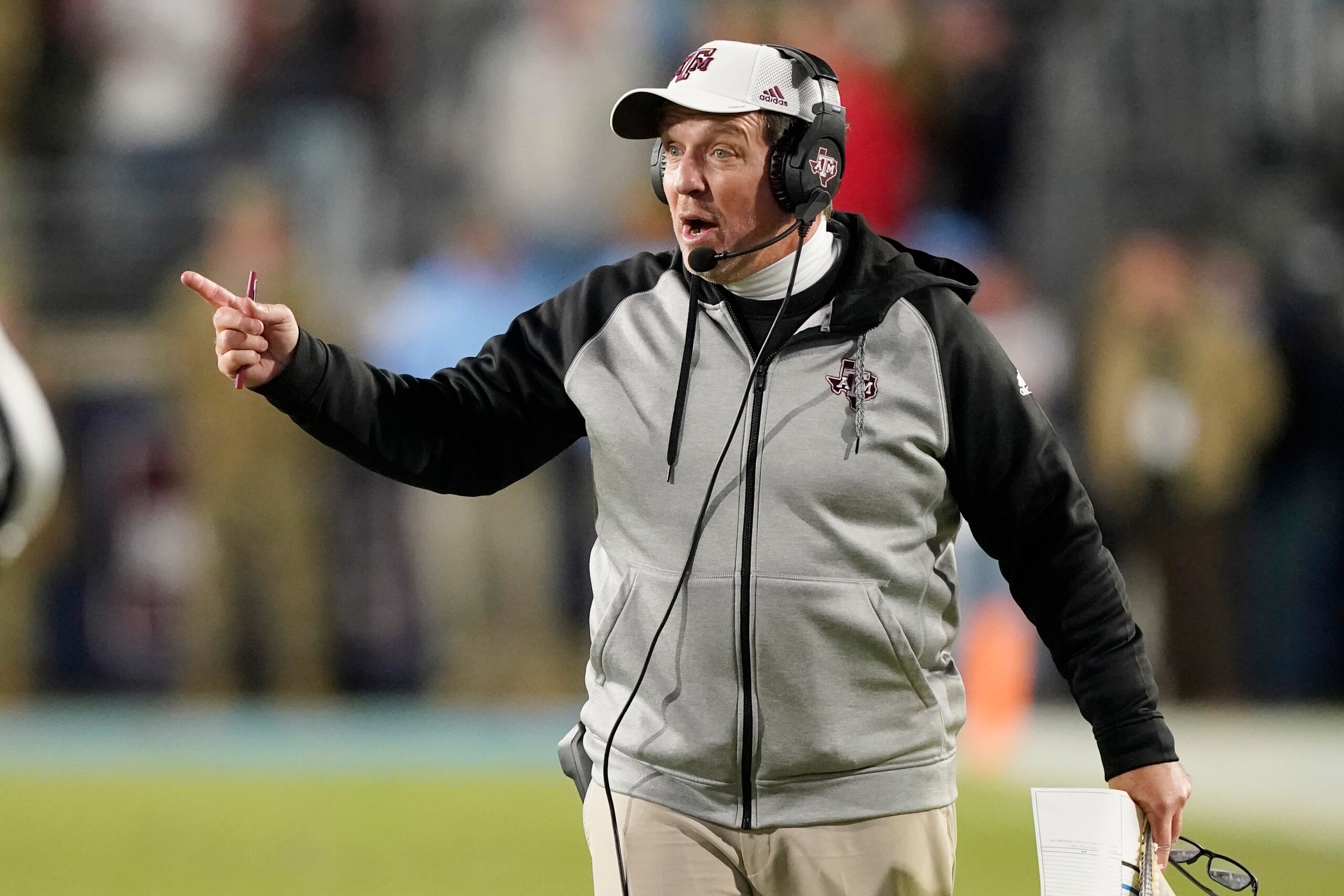 Texas A&M coach Jimbo Fisher reacts to an official's call during the second half of the team's NCAA college football game against Mississippi, Saturday, Nov. 13, 2021, in Oxford, Miss. (AP Photo/Rogelio V. Solis) Texas A&M coach Jimbo Fisher reacts to an official's call during the second half of the team's NCAA college football game against Mississippi, Saturday, Nov. 13, 2021, in Oxford, Miss. (AP Photo/Rogelio V. Solis)