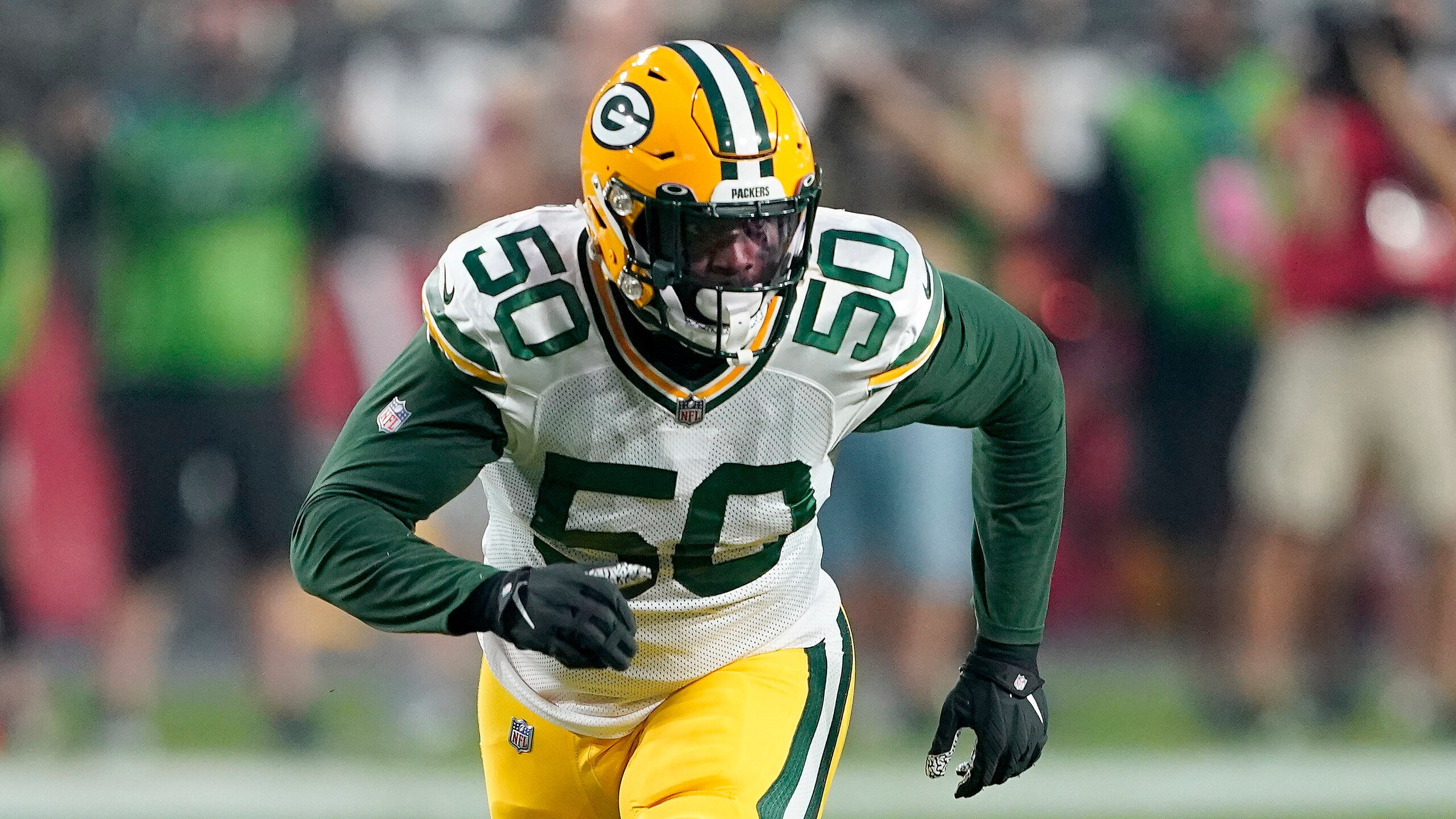 Green Bay Packers linebacker Whitney Mercilus (50) during their game against the Arizona Cardinals in the first half of an NFL football game Thursday, Oct. 28, 2021, in Glendale, Ariz. (AP Photo/Darryl Webb)