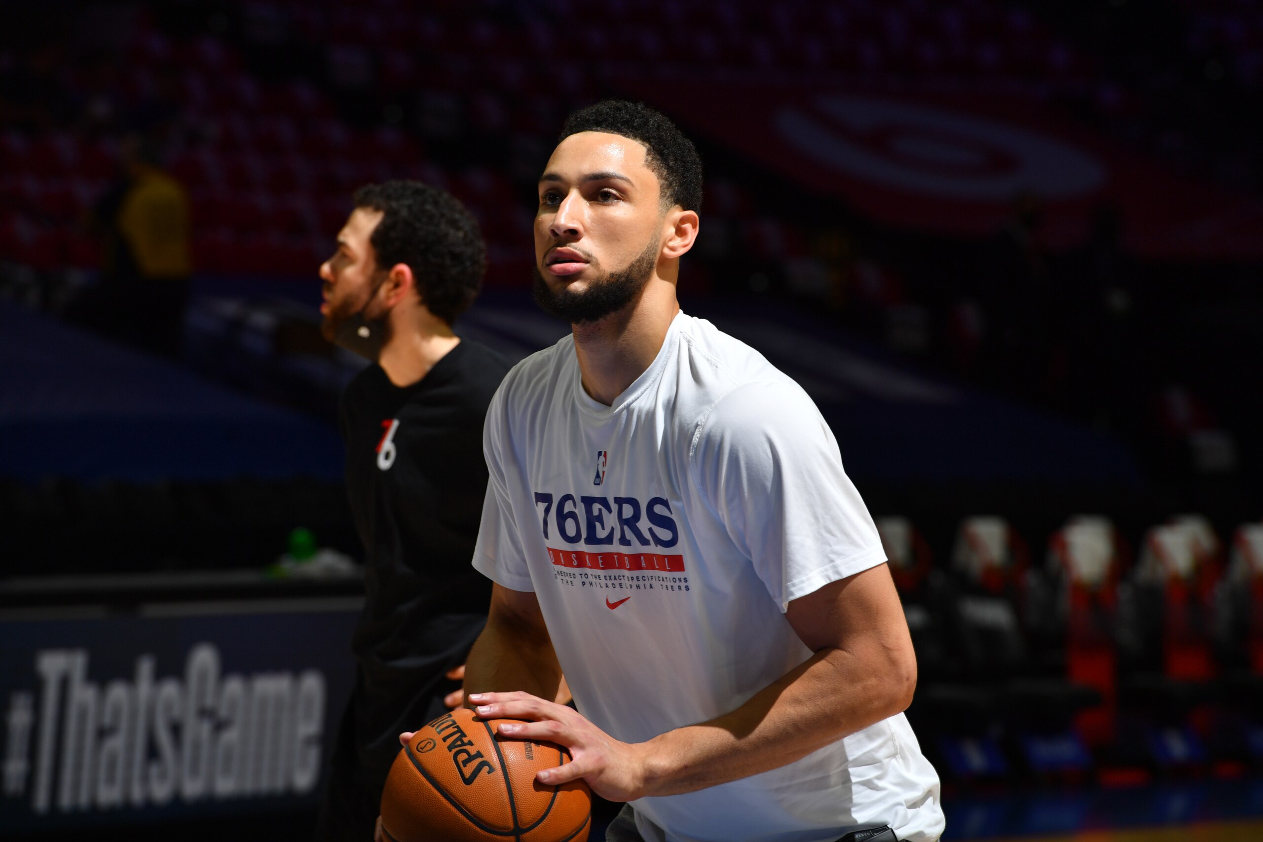 PHILADELPHIA, PA - JUNE 20: Ben Simmons #25 of the Philadelphia 76ers practices free throws prior to a game against the Atlanta Hawks during Round 2, Game 7 of the Eastern Conference Playoffs on June 20, 2021 at Wells Fargo Center in Philadelphia, Pennsylvania. NOTE TO USER: User expressly acknowledges and agrees that, by downloading and/or using this Photograph, user is consenting to the terms and conditions of the Getty Images License Agreement. Mandatory Copyright Notice: Copyright 2021 NBAE (Photo by Jesse D. Garrabrant/NBAE via Getty Images) PHILADELPHIA, PA - JUNE 20: Ben Simmons #25 of the Philadelphia 76ers practices free throws prior to a game against the Atlanta Hawks during Round 2, Game 7 of the Eastern Conference Playoffs on June 20, 2021 at Wells Fargo Center in Philadelphia, Pennsylvania. NOTE TO USER: User expressly acknowledges and agrees that, by downloading and/or using this Photograph, user is consenting to the terms and conditions of the Getty Images License Agreement. Mandatory Copyright Notice: Copyright 2021 NBAE (Photo by Jesse D. Garrabrant/NBAE via Getty Images)