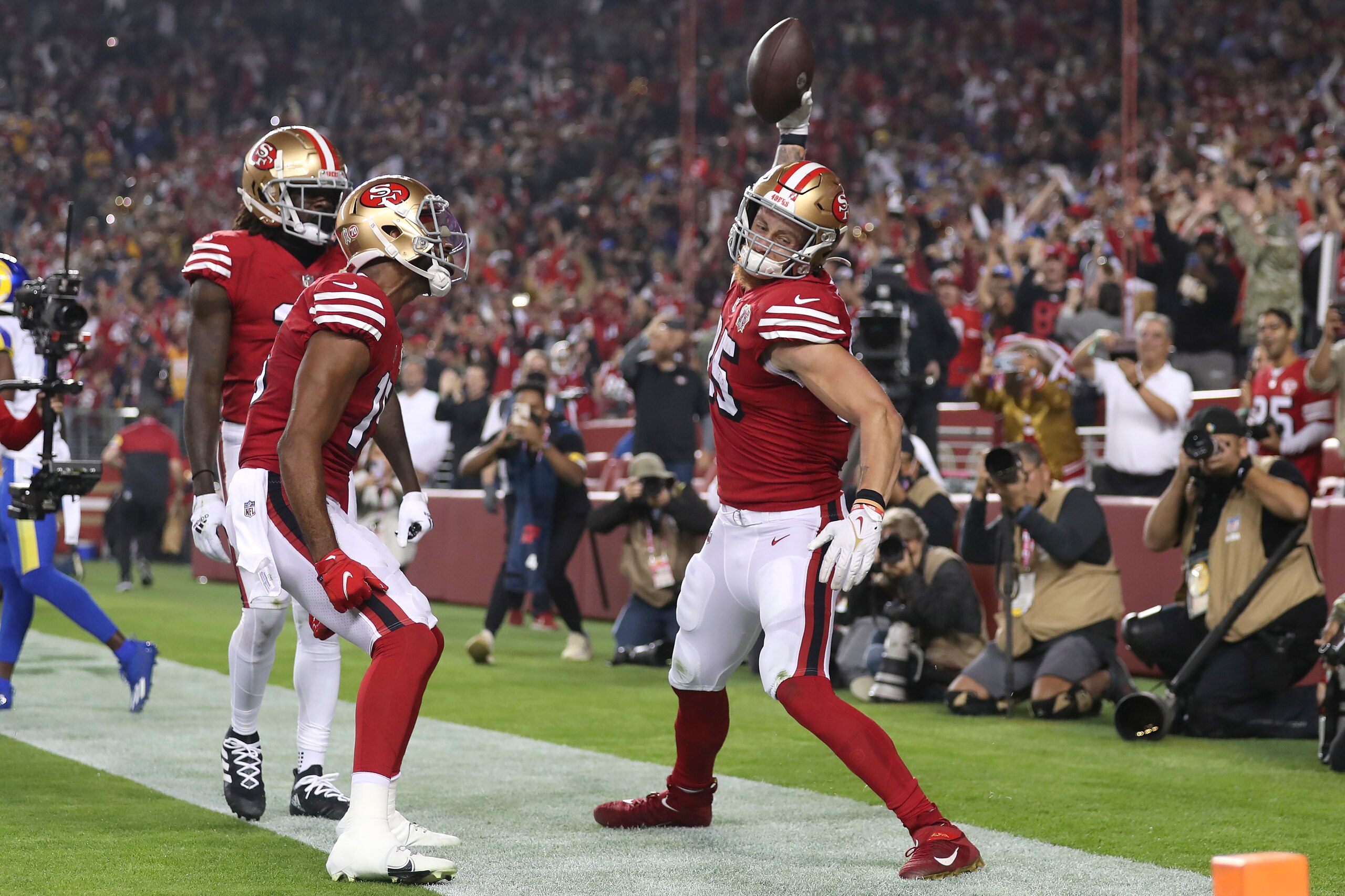 San Francisco 49ers tight end George Kittle, right, celebrates after catching a touchdown pass against the Los Angeles Rams during the first half of an NFL football game in Santa Clara, Calif., Monday, Nov. 15, 2021. (AP Photo/Jed Jacobsohn) San Francisco 49ers tight end George Kittle, right, celebrates after catching a touchdown pass against the Los Angeles Rams during the first half of an NFL football game in Santa Clara, Calif., Monday, Nov. 15, 2021. (AP Photo/Jed Jacobsohn)