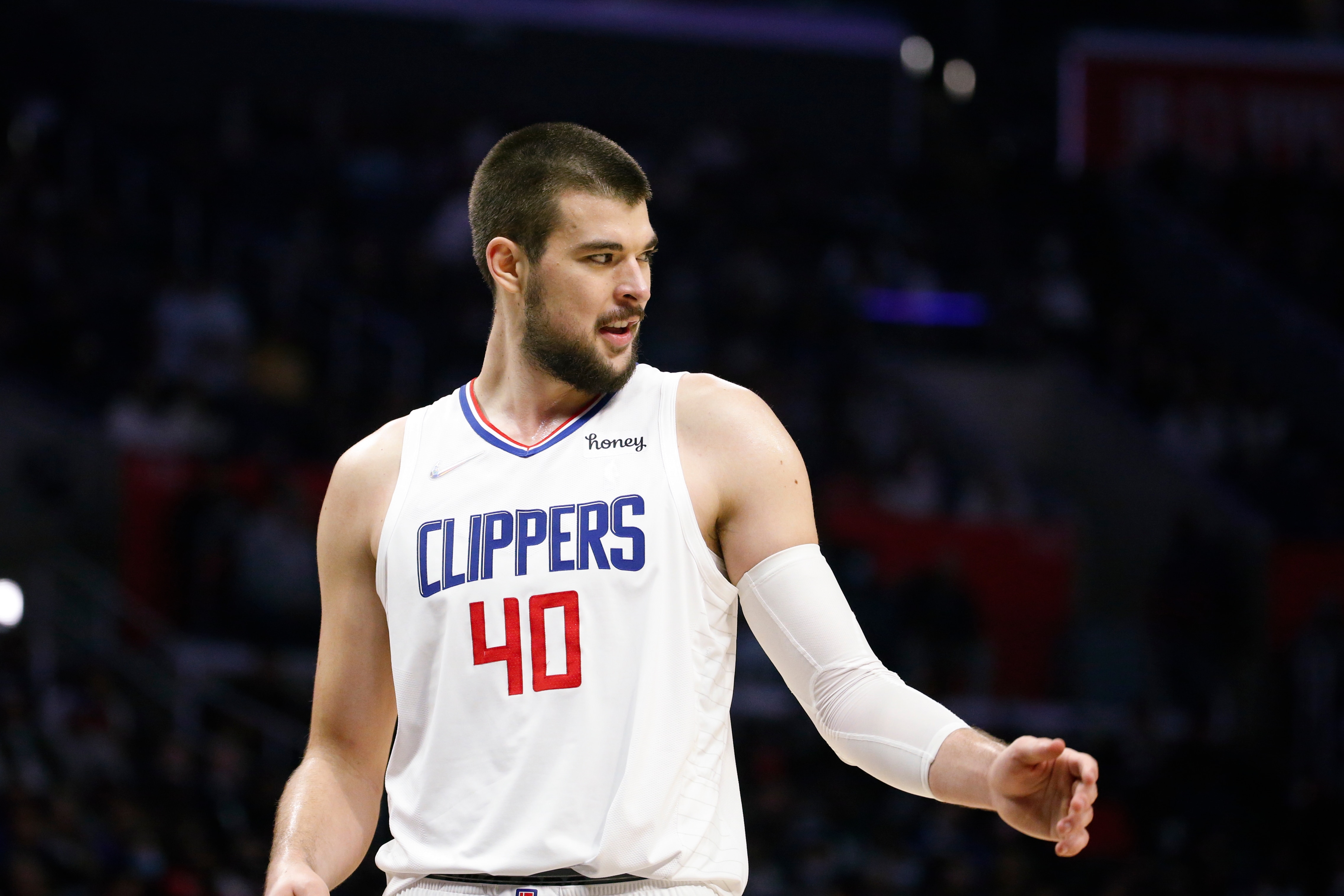 Los Angeles Clippers center Ivica Zubac (40) looks on during the second half of an NBA basketball game against the Charlotte Hornets Sunday, Nov. 7, 2021, in Los Angeles. The Clippers won 120-106. (AP Photo/Ringo H.W. Chiu)