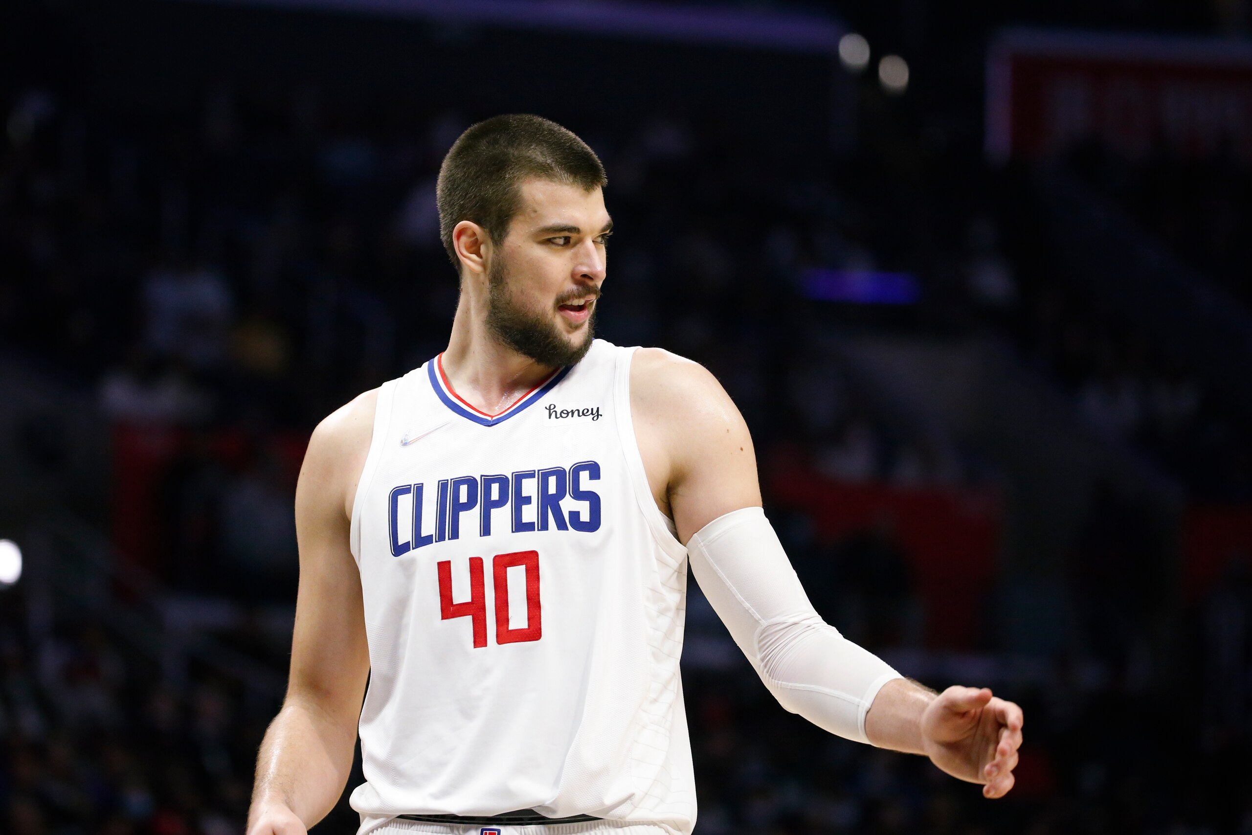 Los Angeles Clippers center Ivica Zubac (40) looks on during the second half of an NBA basketball game against the Charlotte Hornets Sunday, Nov. 7, 2021, in Los Angeles. The Clippers won 120-106. (AP Photo/Ringo H.W. Chiu)