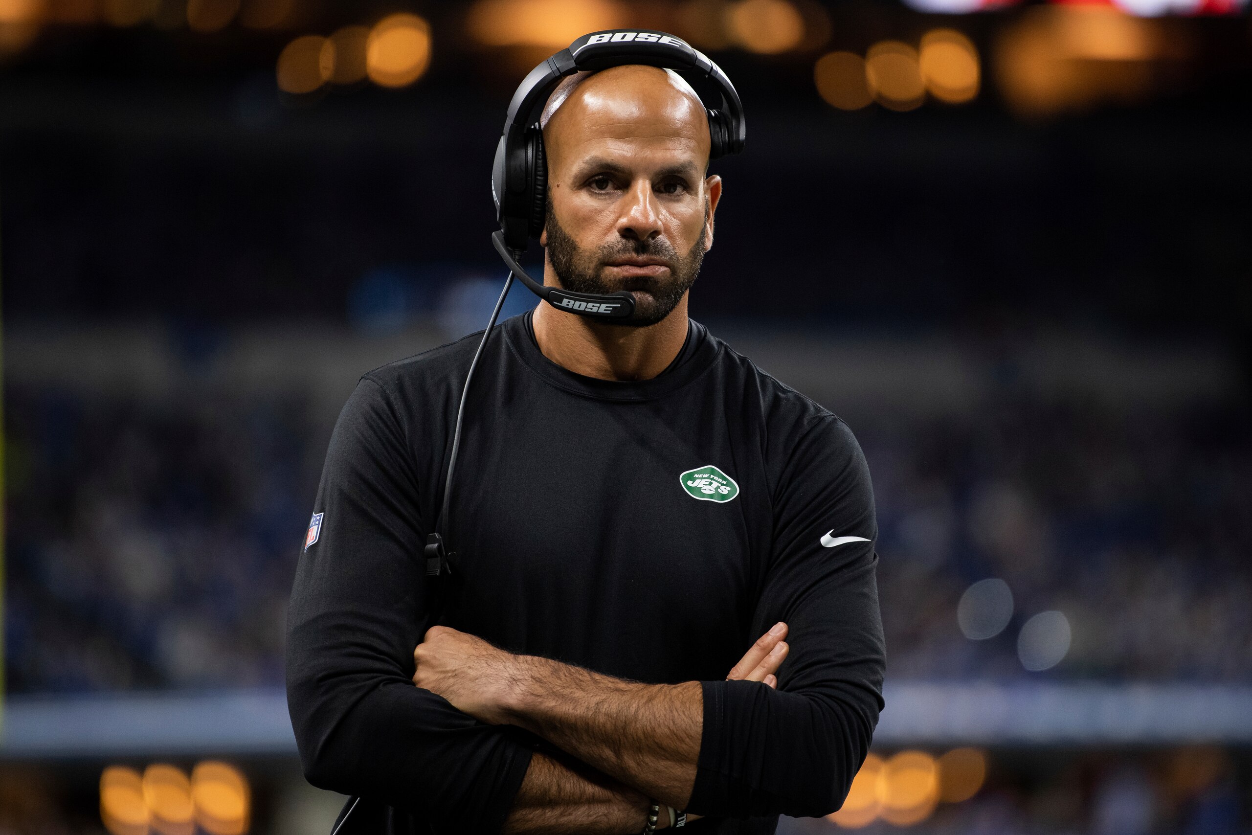 New York Jets head coach Robert Saleh on the sidelines during an NFL football game against the Indianapolis Colts, Thursday, Nov. 4, 2021, in Indianapolis. (AP Photo/Zach Bolinger)