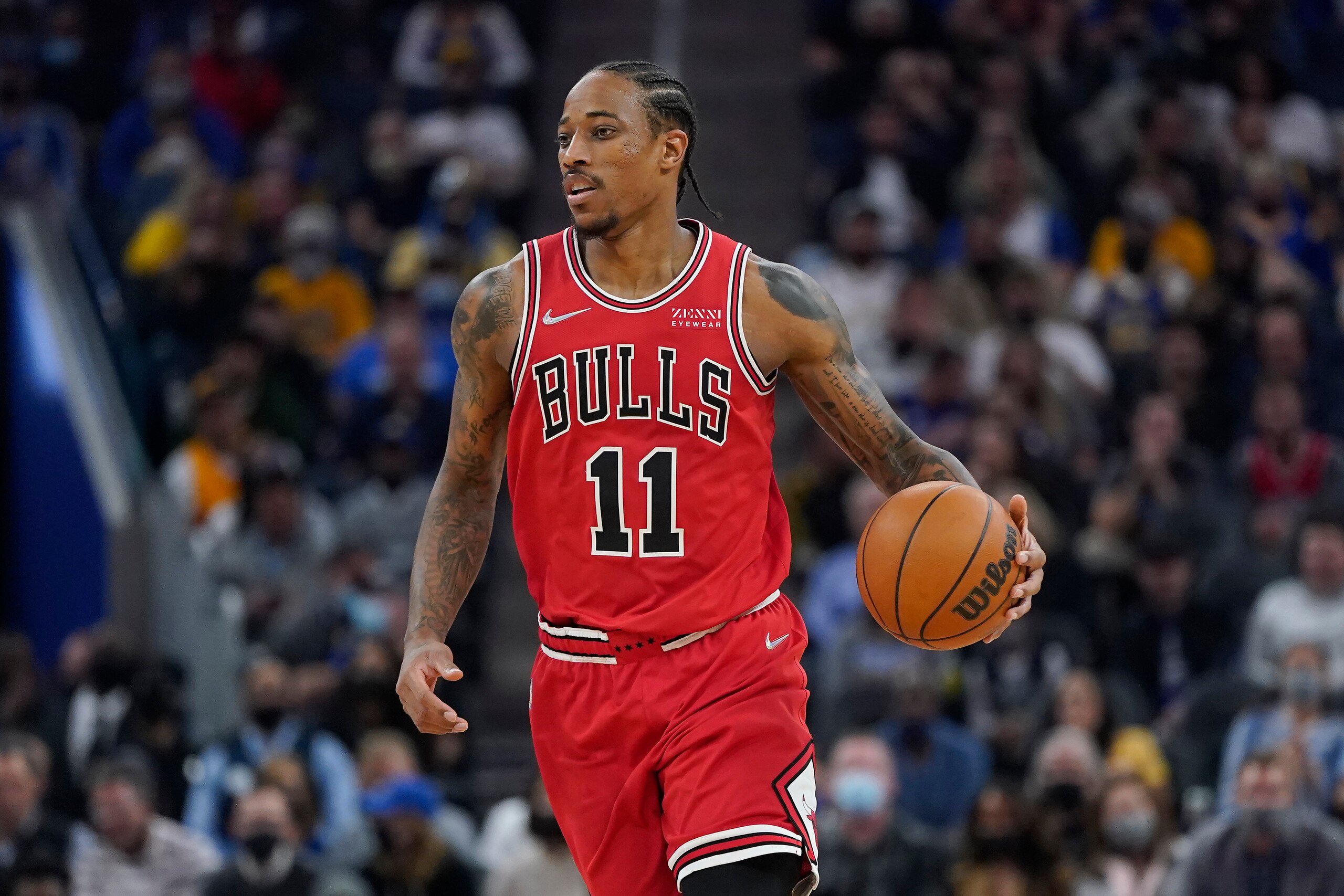 Chicago Bulls forward DeMar DeRozan against the Golden State Warriors during an NBA basketball game in San Francisco, Friday, Nov. 12, 2021. (AP Photo/Jeff Chiu)