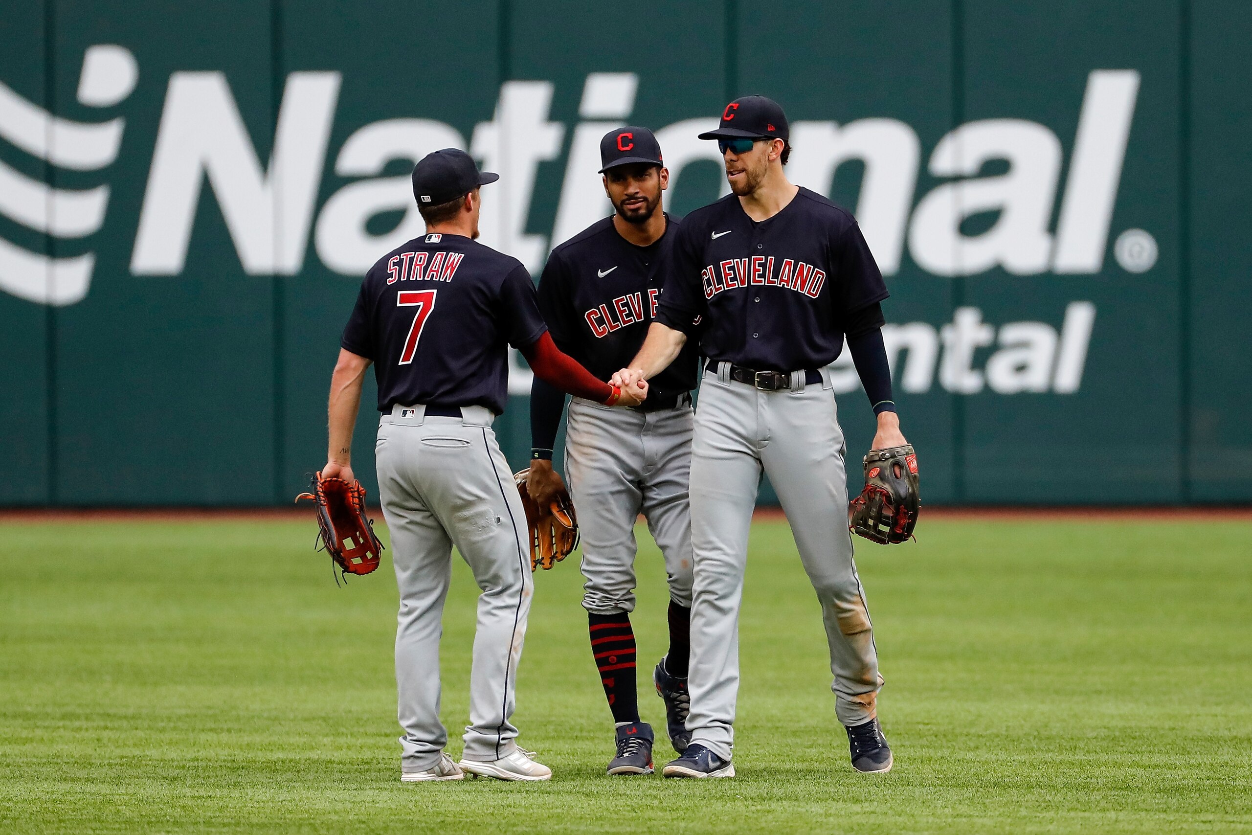 ARLINGTON, TEXAS - OCTOBER 03: The Cleveland Indians celebrate after defeating the Texas Rangers at Globe Life Field on October 03, 2021 in Arlington, Texas. (Photo by Tim Warner/Getty Images)