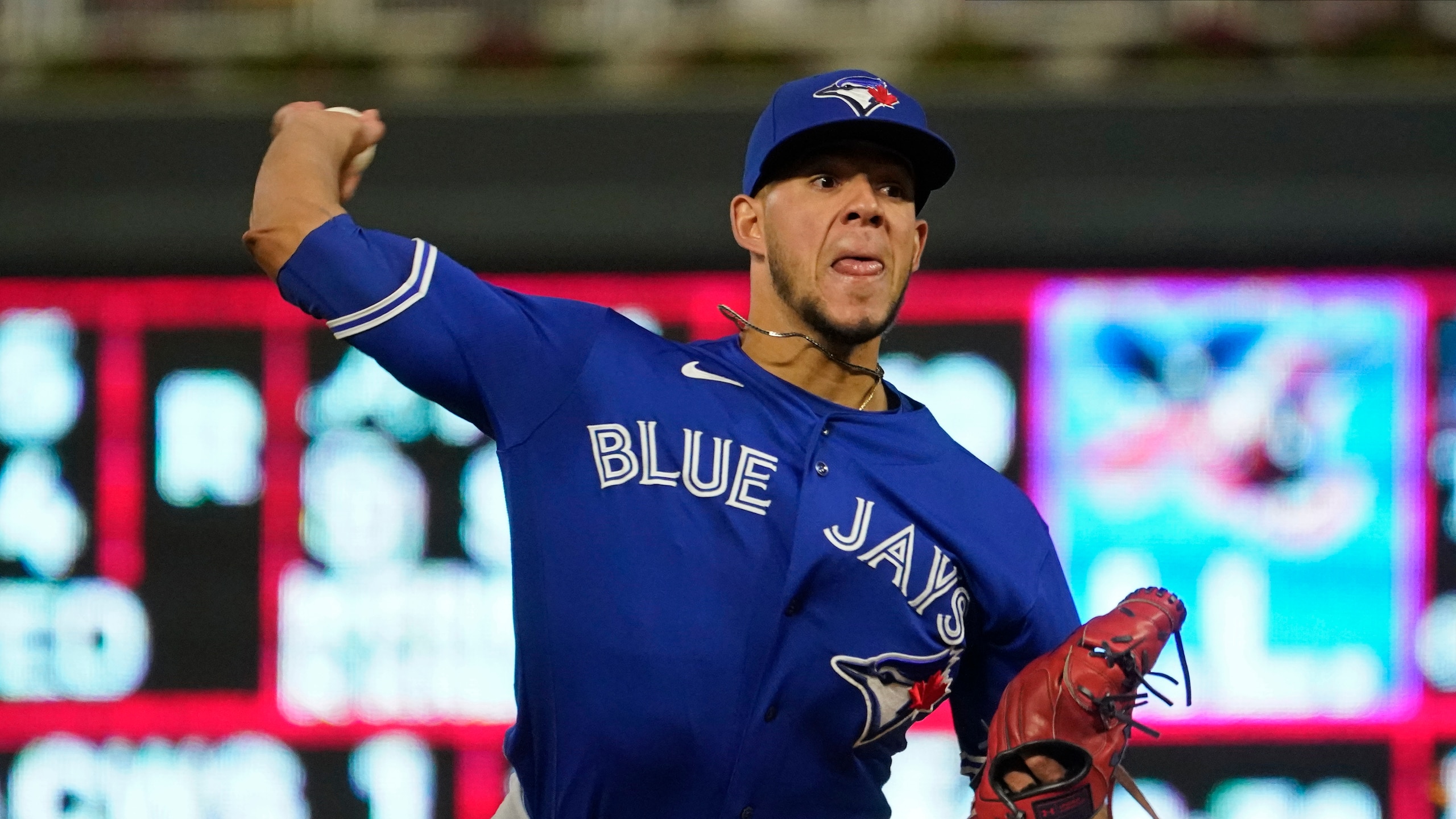 Toronto Blue Jays pitcher Jose Berrios throws against the Minnesota Twins in a baseball game, Friday, Sept. 24, 2021, in Minneapolis. (AP Photo/Jim Mone)