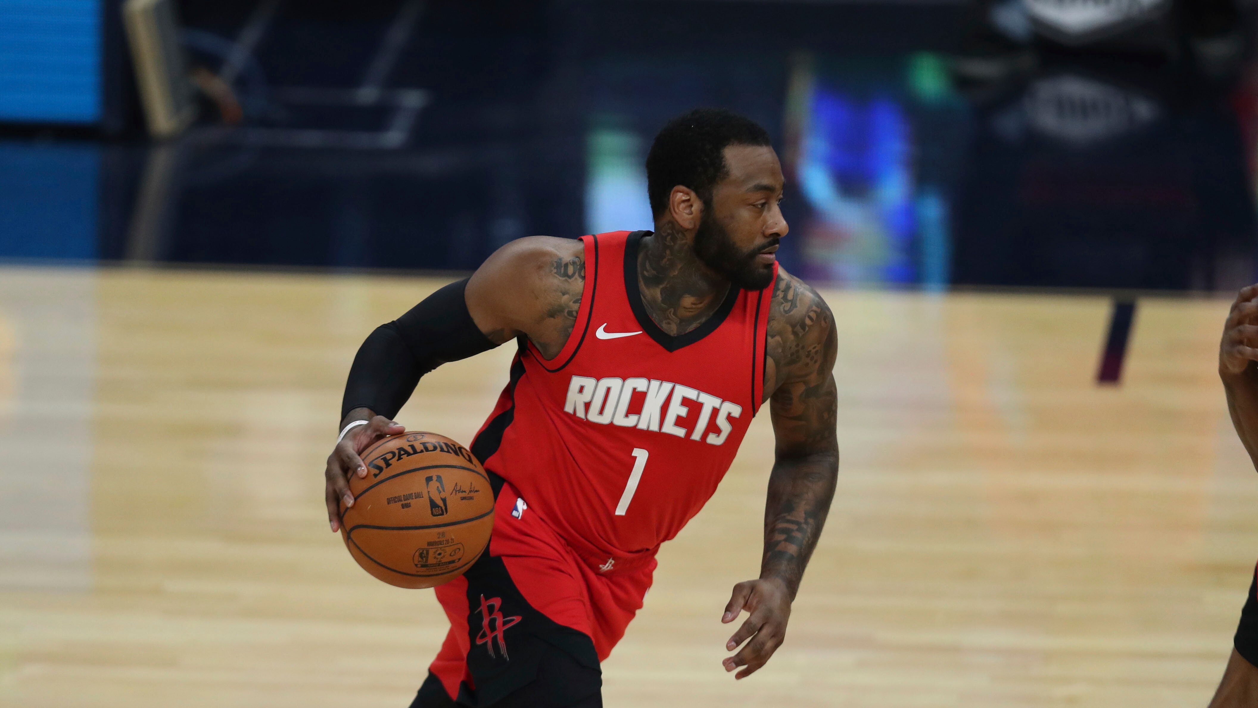 Houston Rockets' John Wall against the Golden State Warriors during the first half of an NBA basketball game in San Francisco, Saturday, April 10, 2021. (AP Photo/Jed Jacobsohn)