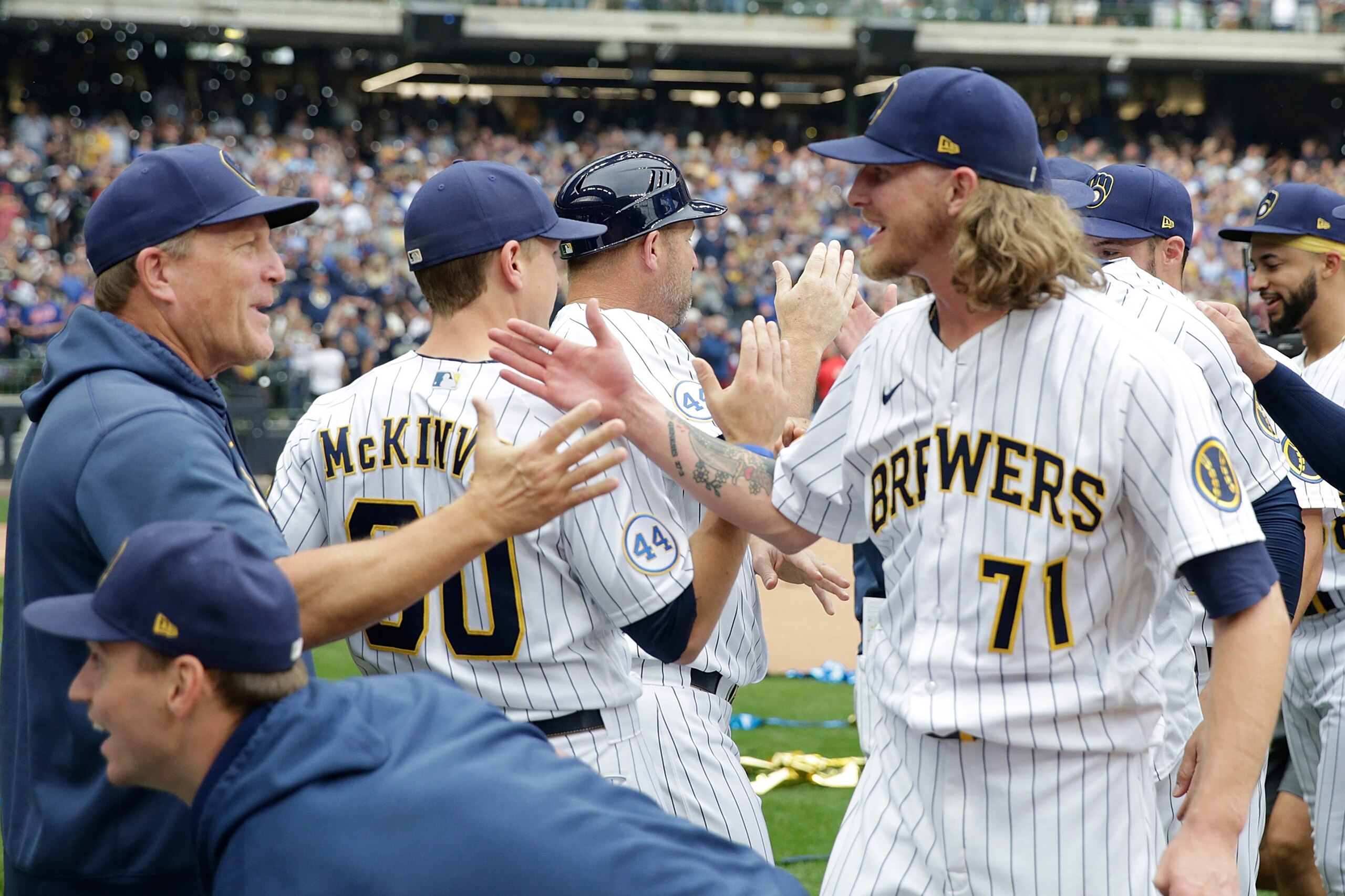 MILWAUKEE, WISCONSIN - SEPTEMBER 26: Josh Hader #71 of the Milwaukee Brewers celebrates winning the Central Division title after the game against the New York Mets at American Family Field on September 26, 2021 in Milwaukee, Wisconsin. Brewers defeated the Mets 8-4. (Photo by John Fisher/Getty Images)