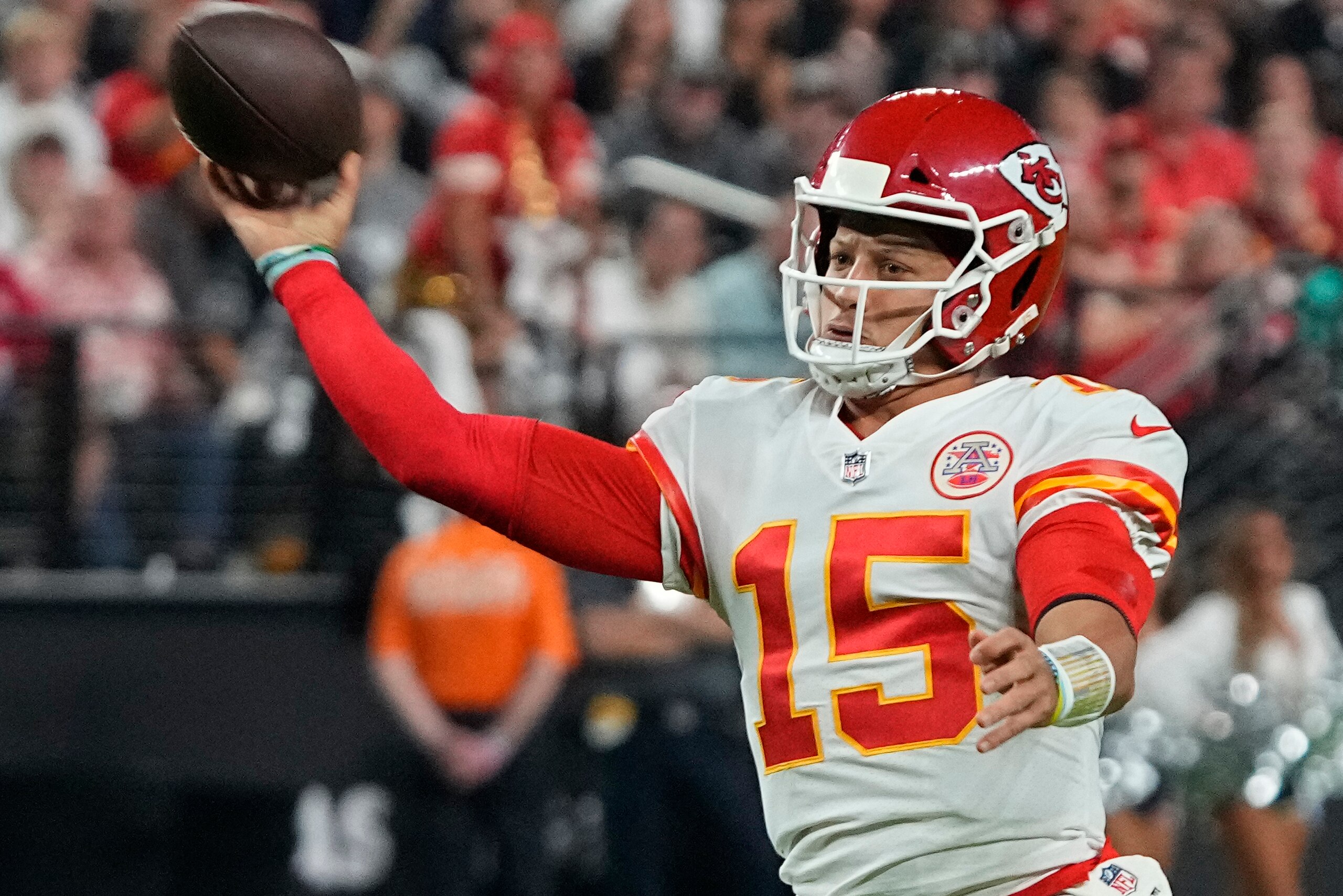 Kansas City Chiefs quarterback Patrick Mahomes (15) throws during the first half of an NFL football game against the Las Vegas Raiders, Sunday, Nov. 14, 2021, in Las Vegas. (AP Photo/Rick Scuteri)