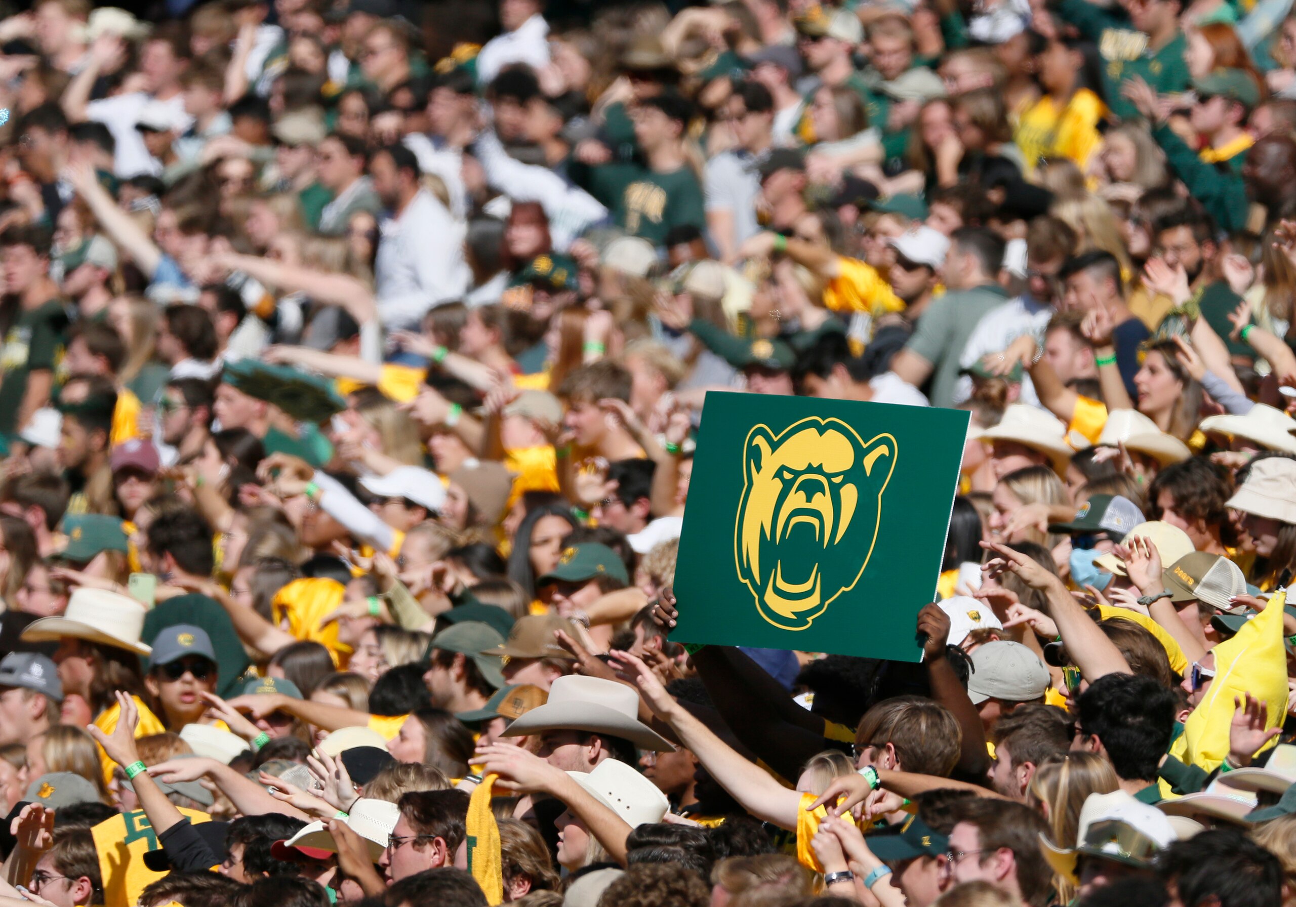 The Baylor Bears student section during an NCAA college football game against the Oklahoma Sooners in Waco, Texas, Saturday, Nov. 13, 2021. Baylor won 27-14. (AP Photo/Ray Carlin)