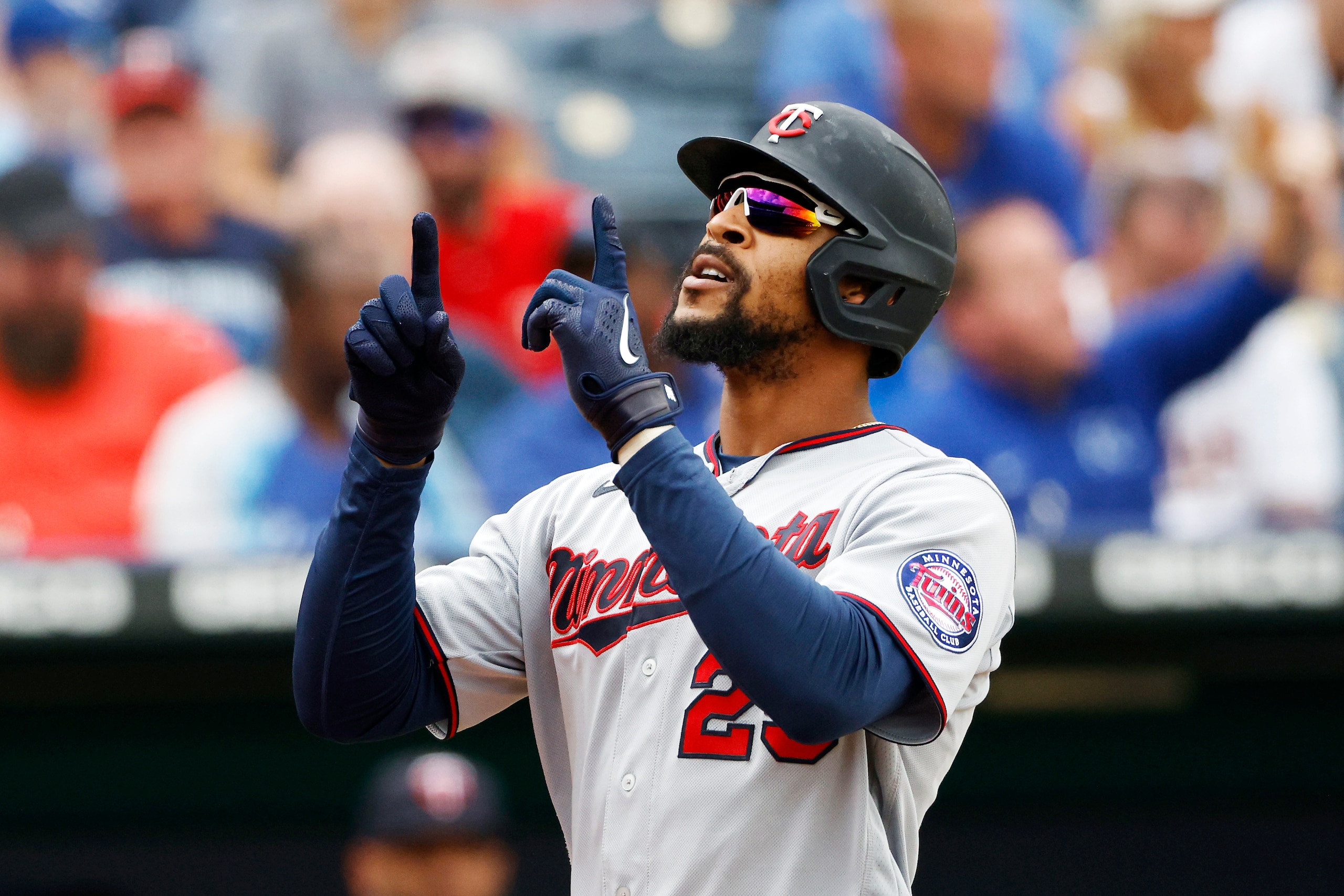 Minnesota Twins' Byron Buxton reacts after hitting a two-run home run during the fifth inning of a baseball game against the Kansas City Royals in Kansas City, Mo., Sunday, Oct. 3, 2021. (AP Photo/Colin E. Braley)