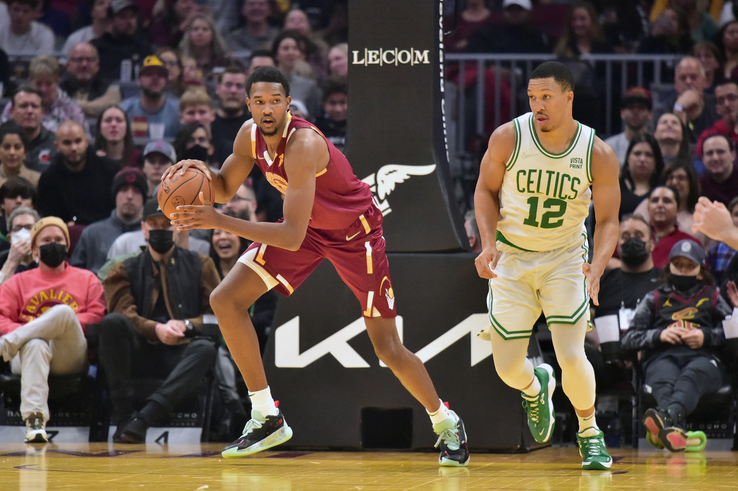 CLEVELAND, OHIO - NOVEMBER 13: Evan Mobley #4 of the Cleveland Cavaliers brings the ball up court trailed by Grant Williams #12 of the Boston Celtics during the first half at Rocket Mortgage Fieldhouse on November 13, 2021 in Cleveland, Ohio. NOTE TO USER: User expressly acknowledges and agrees that, by downloading and/or using this photograph, user is consenting to the terms and conditions of the Getty Images License Agreement. (Photo by Jason Miller/Getty Images) CLEVELAND, OHIO - NOVEMBER 13: Evan Mobley #4 of the Cleveland Cavaliers brings the ball up court trailed by Grant Williams #12 of the Boston Celtics during the first half at Rocket Mortgage Fieldhouse on November 13, 2021 in Cleveland, Ohio. NOTE TO USER: User expressly acknowledges and agrees that, by downloading and/or using this photograph, user is consenting to the terms and conditions of the Getty Images License Agreement. (Photo by Jason Miller/Getty Images)