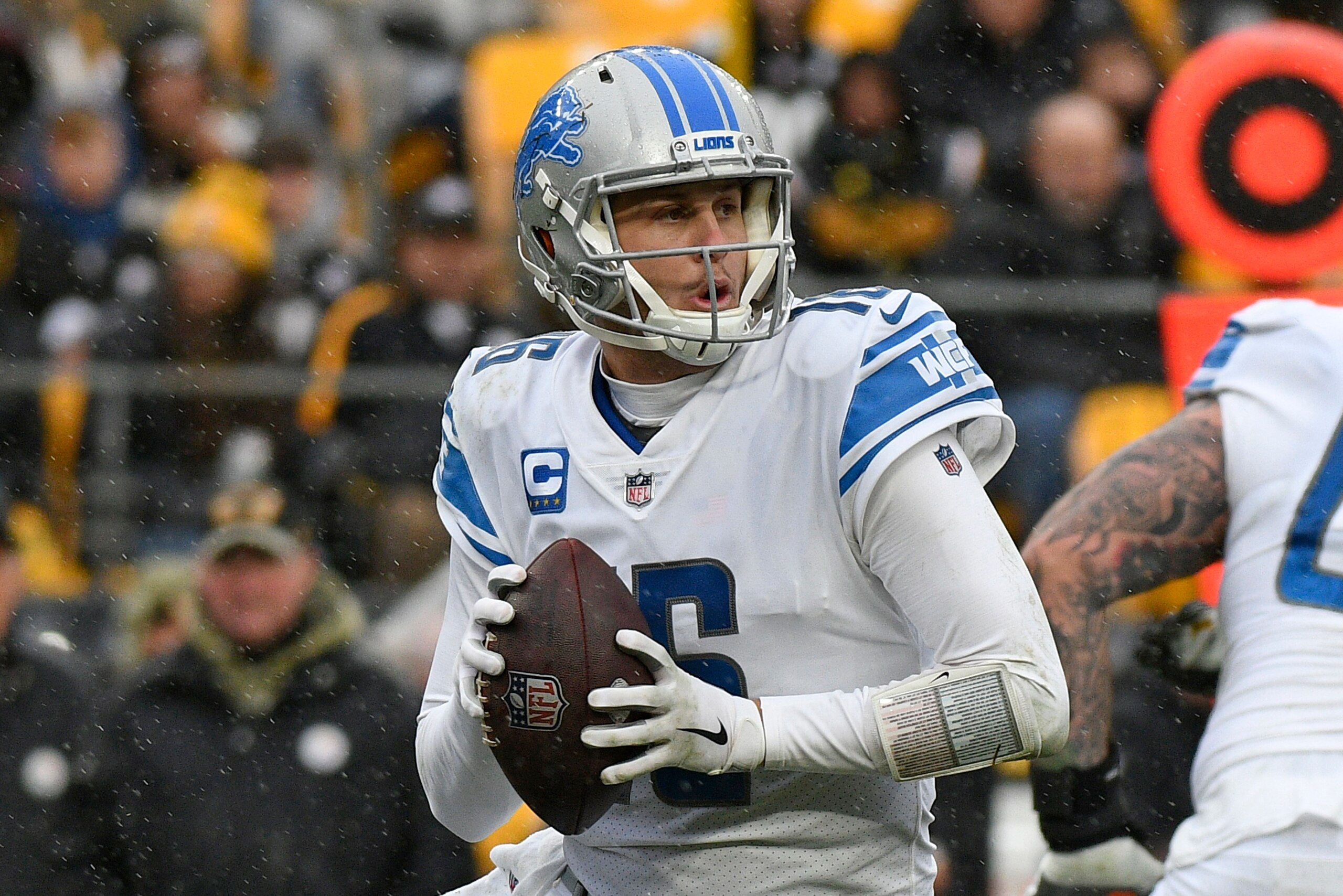Detroit Lions quarterback Jared Goff (16) looks to pass during the second half of an NFL football game against the Pittsburgh Steelers in Pittsburgh, Sunday, Nov. 14, 2021. (AP Photo/Don Wright)