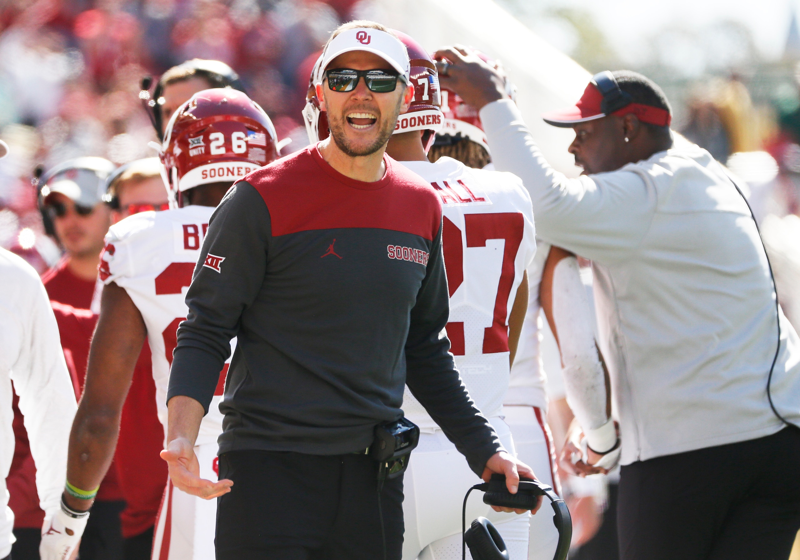 Oklahoma head coach Lincoln Riley questions the referees during first half of an NCAA college football game against Baylor in Waco, Texas, Saturday, Nov. 13, 2021. (AP Photo/Ray Carlin) Oklahoma head coach Lincoln Riley questions the referees during first half of an NCAA college football game against Baylor in Waco, Texas, Saturday, Nov. 13, 2021. (AP Photo/Ray Carlin)