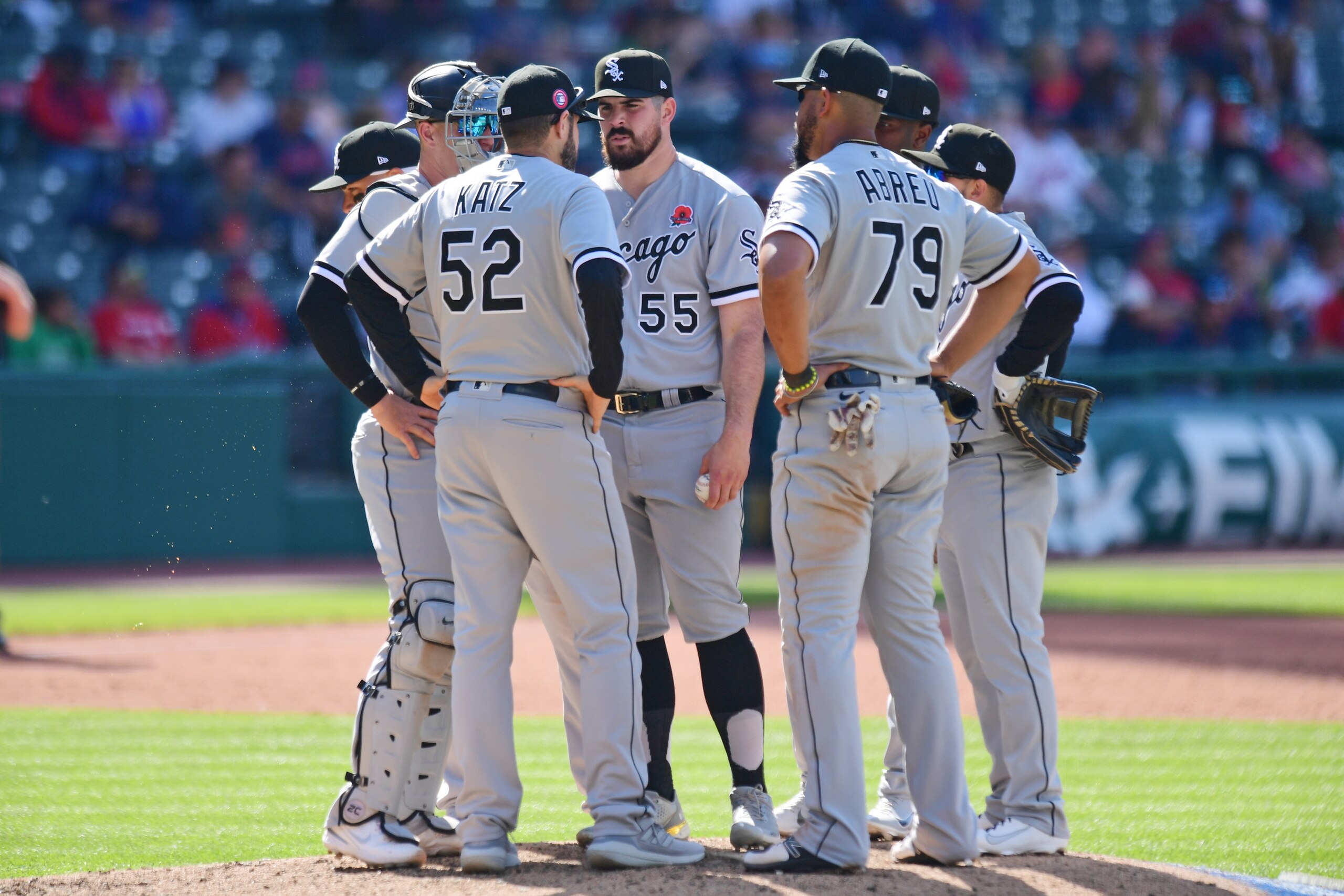 CLEVELAND, OH - MAY 31, 2021: Pitching coach Ethan Katz #52 of the Chicago White Sox talks to pitcher Carlos Rodon #55 in the sixth inning of game one of a doubleheader against the Cleveland Indians at Progressive Field on May 31, 2021 in Cleveland, Ohio. (Photo by: 2021 George Kubas/Diamond Images via Getty Images)