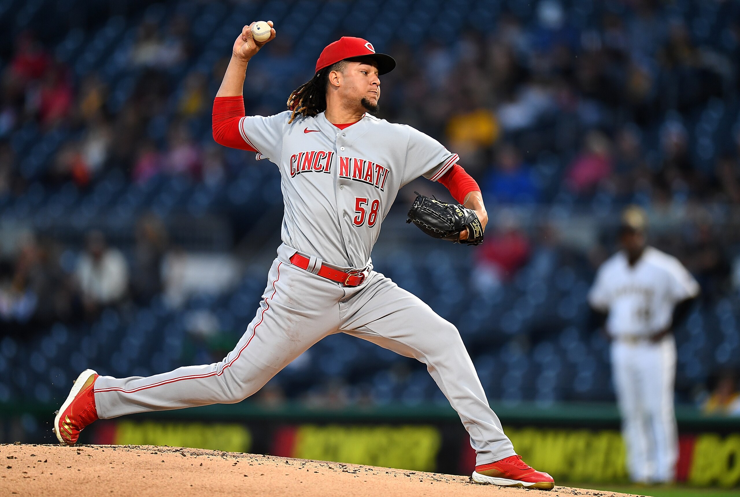 PITTSBURGH, PA - OCTOBER 01: Luis Castillo #58 of the Cincinnati Reds pitches during the first inning against the Pittsburgh Pirates at PNC Park on October 1, 2021 in Pittsburgh, Pennsylvania. (Photo by Joe Sargent/Getty Images)