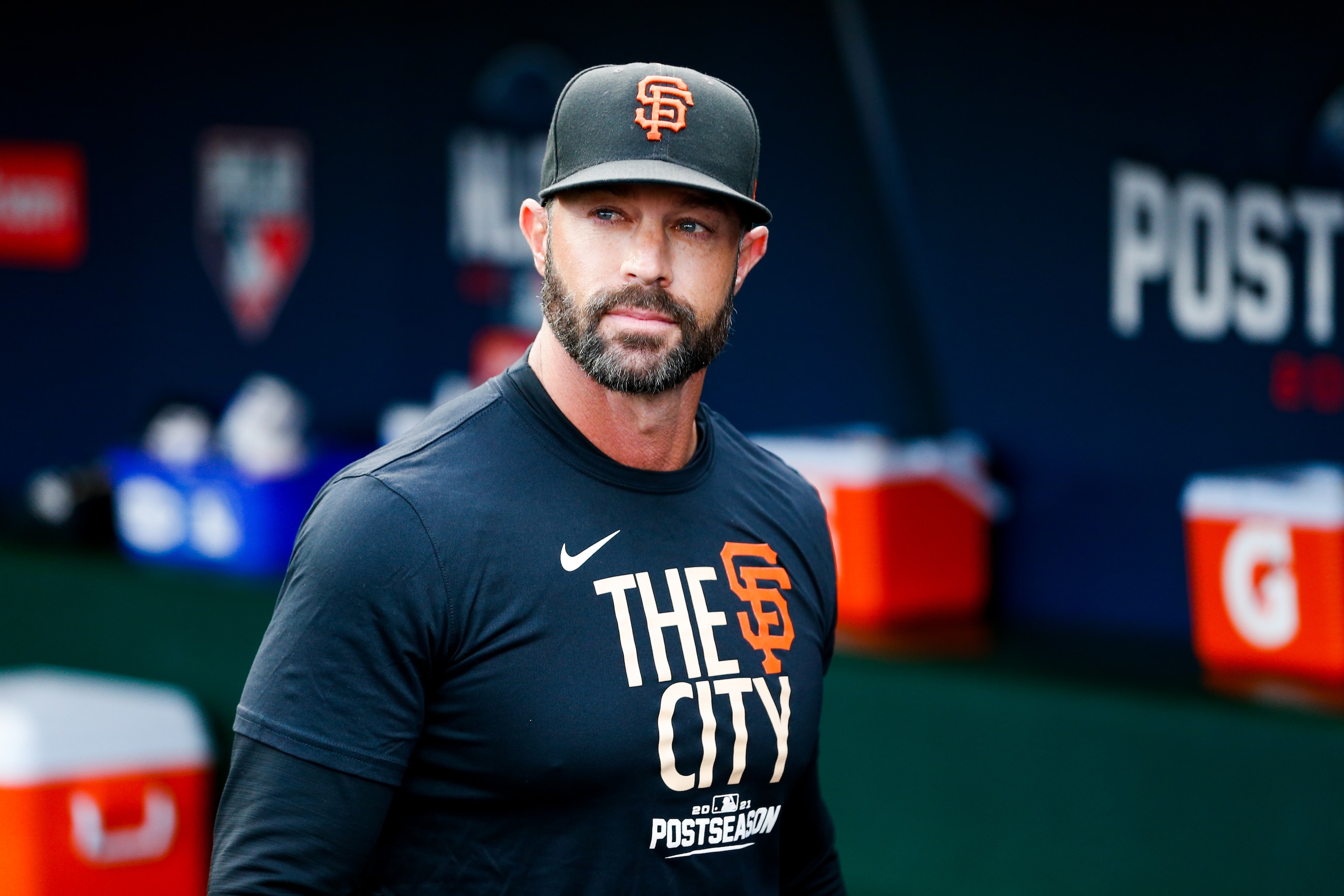 SAN FRANCISCO, CA - OCTOBER 08: Gabe Kapler #19 of the San Francisco Giants looks on during Game 1 of the NLDS between the Los Angeles Dodgers and the San Francisco Giants at Oracle Park on Friday, October 8, 2021 in San Francisco, California. (Photo by Lachlan Cunningham/MLB Photos via Getty Images)