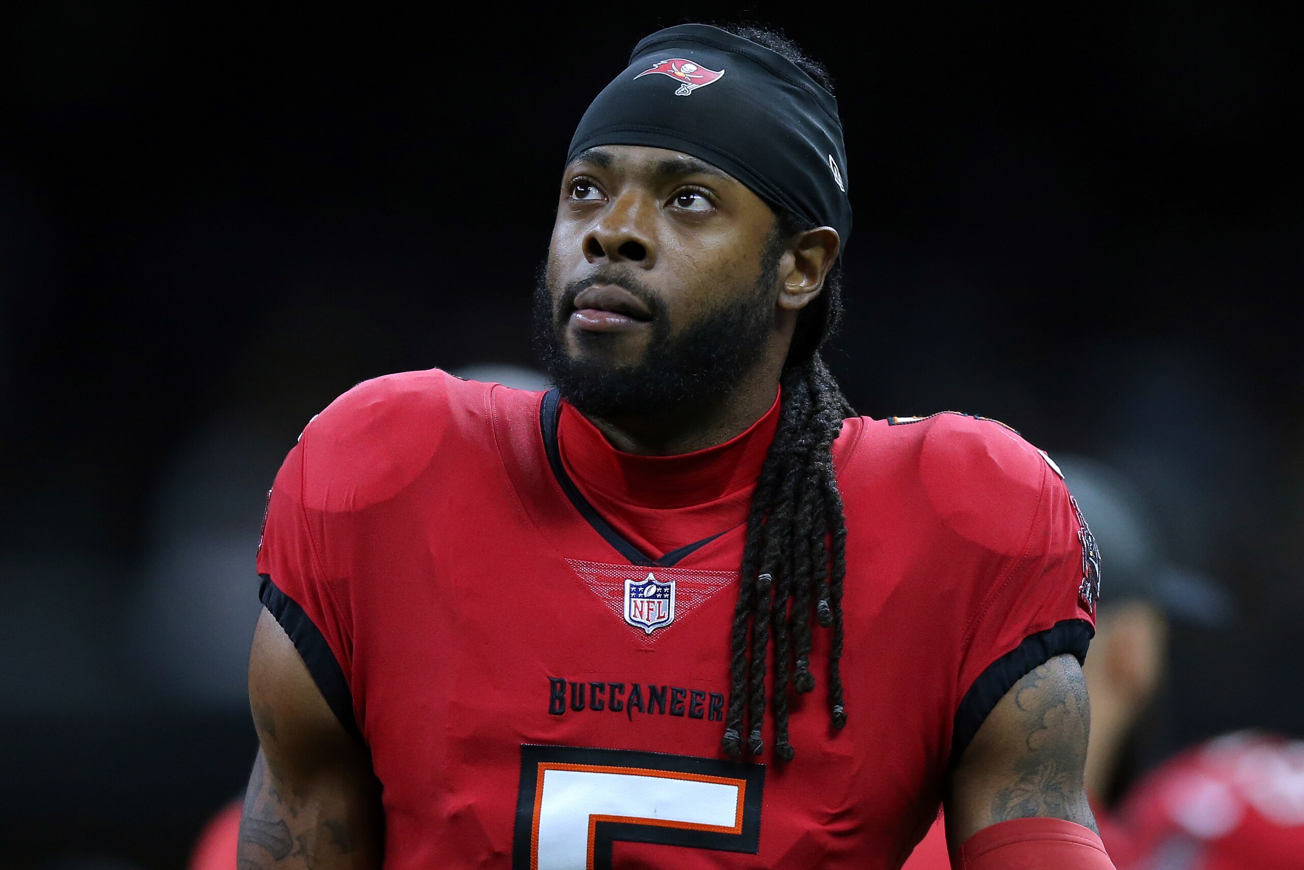 Tampa Bay Buccaneers cornerback Richard Sherman (5) reacts during the first half of an NFL football game against the New Orleans Saints, Sunday, Oct. 31, 2021, in New Orleans. (AP Photo/Jonathan Bachman)