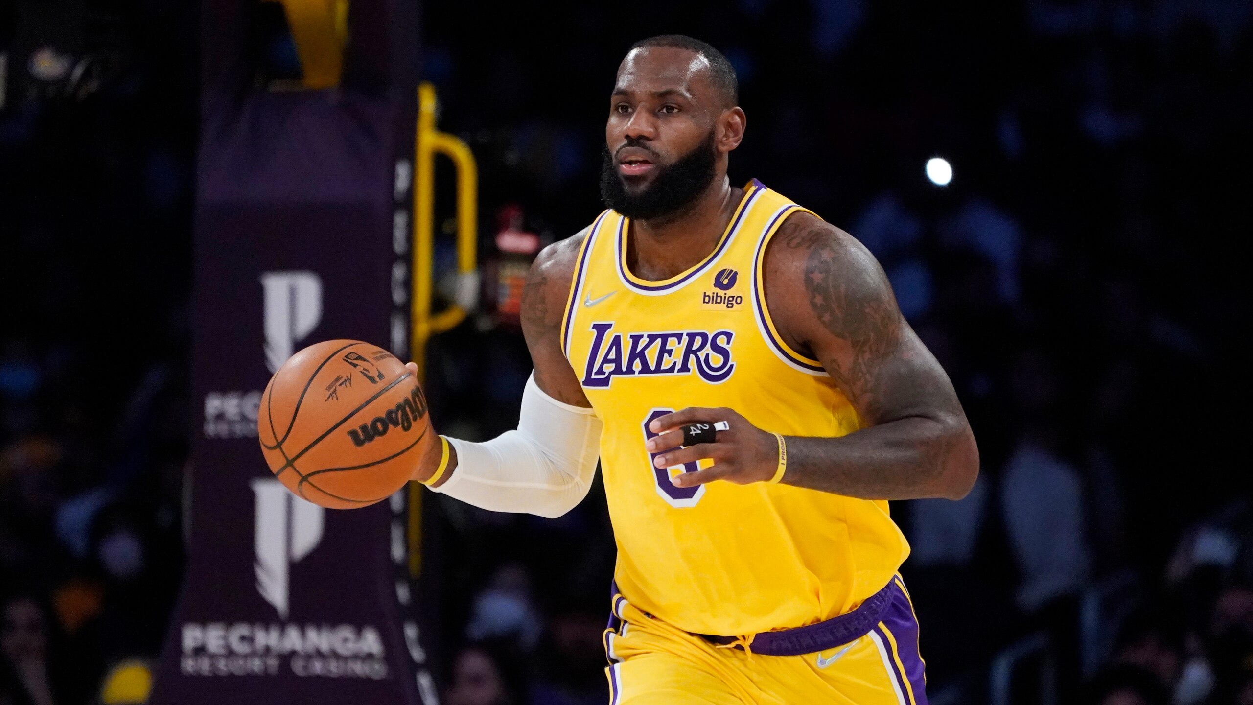 Los Angeles Lakers' LeBron James during an NBA basketball game against the Houston Rockets Tuesday, Nov. 2, 2021, in Los Angeles. (AP Photo/Marcio Jose Sanchez)