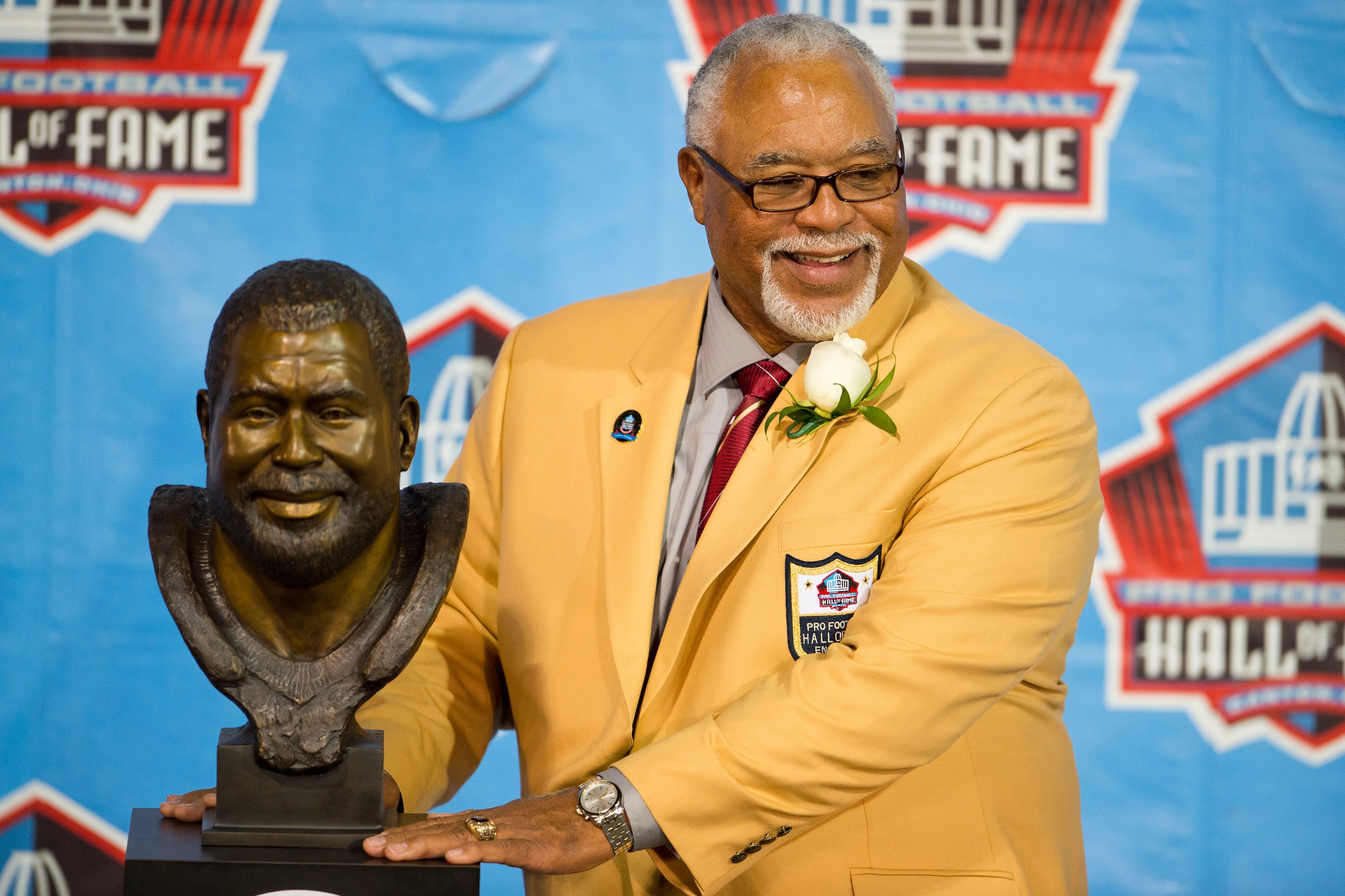 CANTON, OH - AUGUST 3: Former defender Curley Culp poses with his bust during the NFL Class of 2013 Enshrinement Ceremony at Fawcett Stadium on Aug. 3, 2013 in Canton, Ohio. (Photo by Jason Miller/Getty Images)