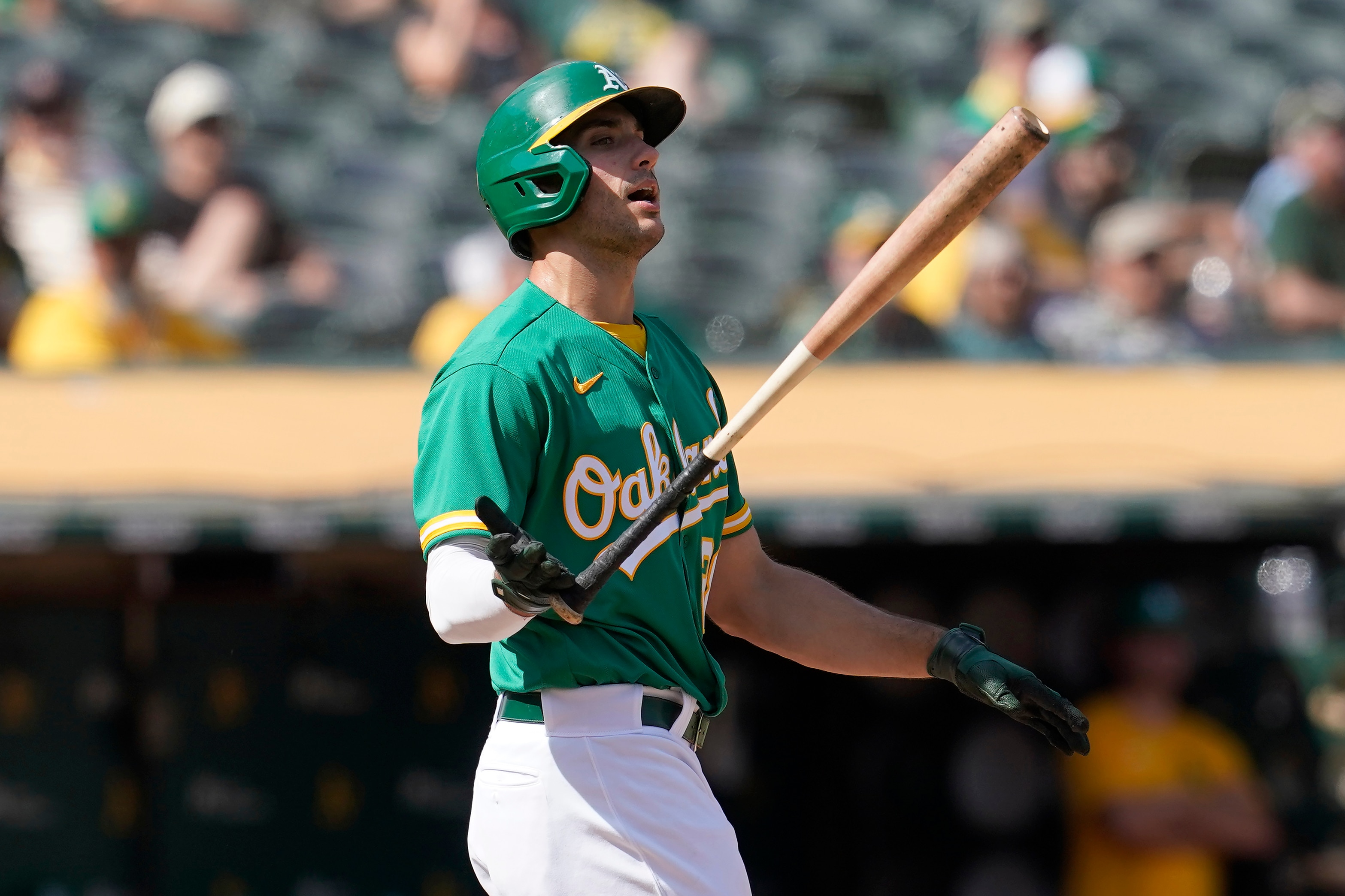 Oakland Athletics' Matt Olson reacts after striking out against the Seattle Mariners during the fourth inning of a baseball game in Oakland, Calif., Thursday, Sept. 23, 2021. (AP Photo/Jeff Chiu)