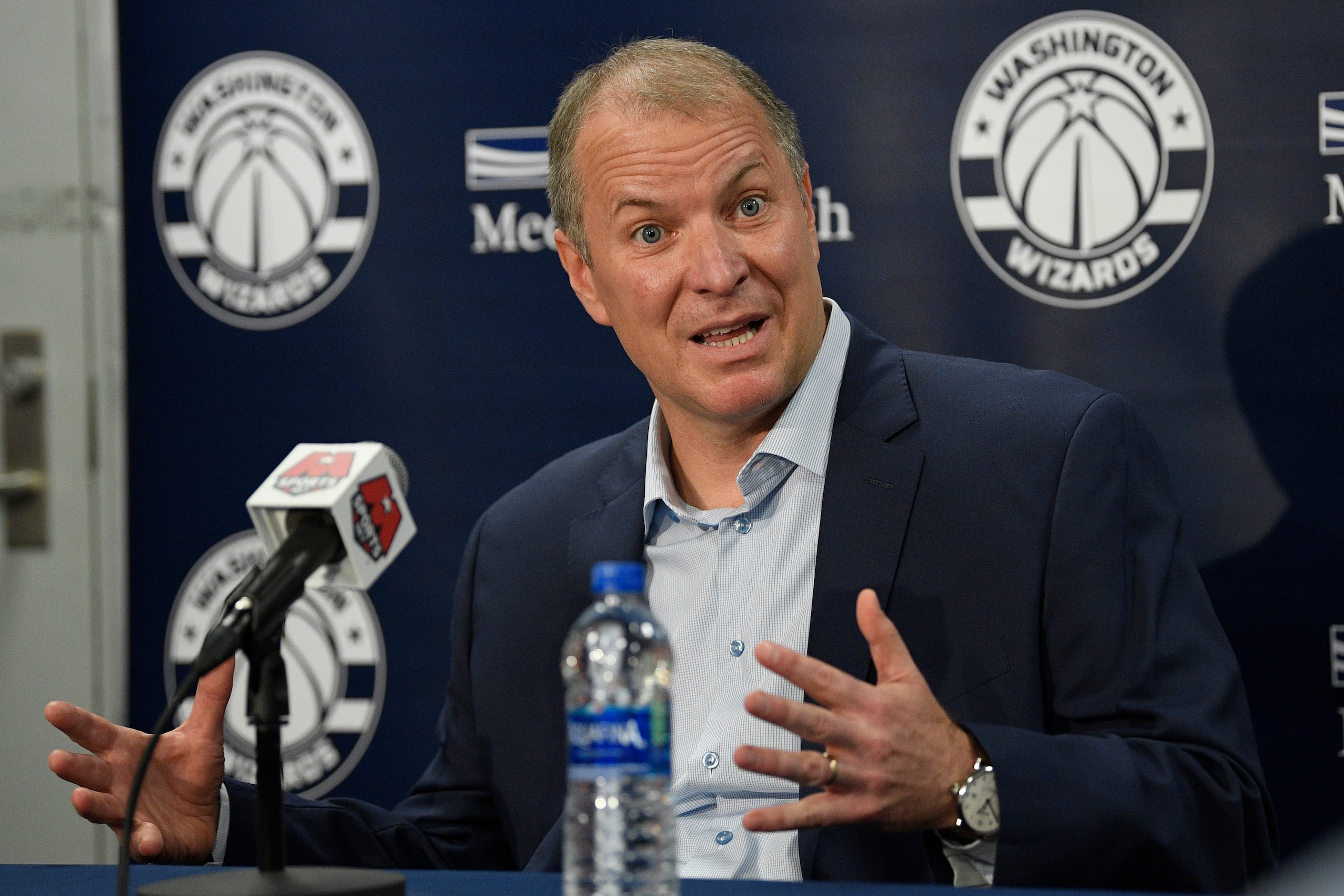 Washington Wizards general manager Tommy Sheppard speaks at an NBA basketball press conference, Thursday, Sept. 26, 2019, in Washington. (AP Photo/Nick Wass)