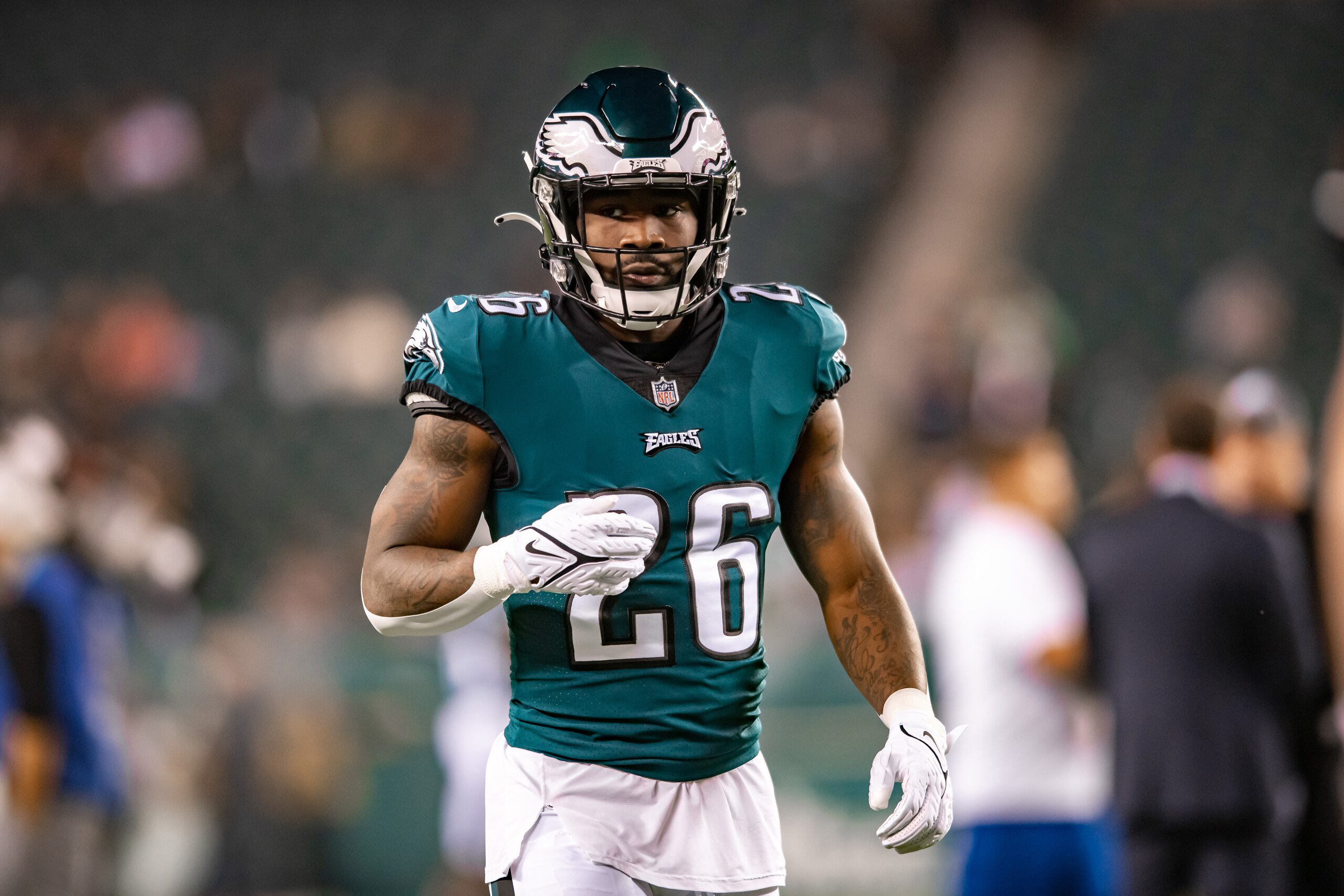 PHILADELPHIA, PA - OCTOBER 14: Philadelphia Eagles running back Miles Sanders (26) is pictured prior to the game between the Tampa Bay Buccaneers and Philadelphia Eagles on October 14, 2021 at Lincoln Financial Field in Philadelphia, PA. (Photo by John Jones/Icon Sportswire via Getty Images) PHILADELPHIA, PA - OCTOBER 14: Philadelphia Eagles running back Miles Sanders (26) is pictured prior to the game between the Tampa Bay Buccaneers and Philadelphia Eagles on October 14, 2021 at Lincoln Financial Field in Philadelphia, PA. (Photo by John Jones/Icon Sportswire via Getty Images)