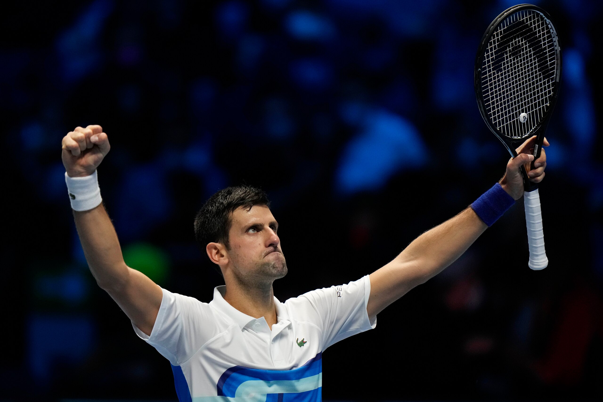 Serbia's Novak Djokovic celebrates after defeating Russia's Andrey Rublev during their ATP World Tour Finals singles tennis match, at the Pala Alpitour in Turin, Wednesday, Nov. 17, 2021. (AP Photo/Luca Bruno)