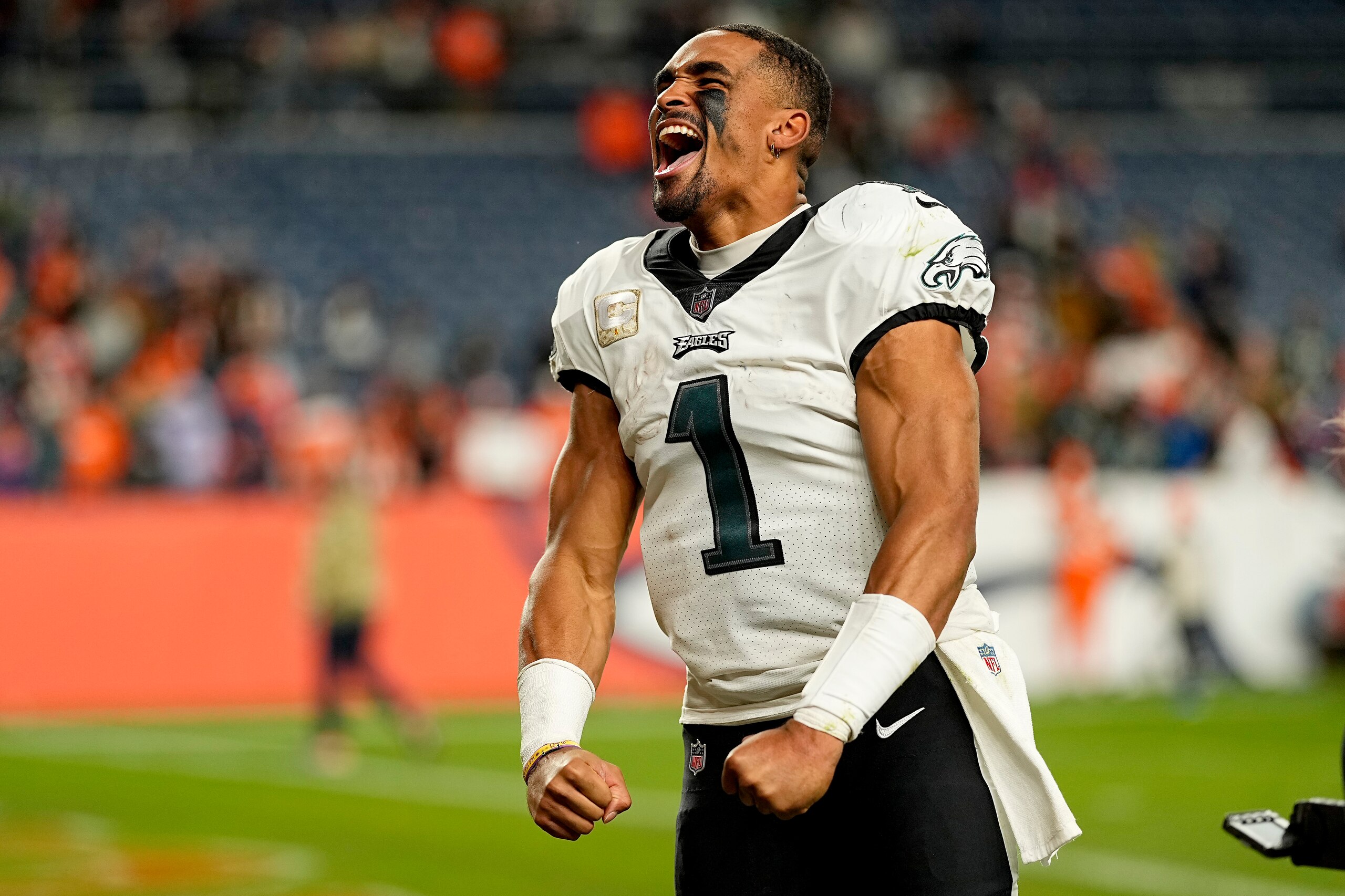 Philadelphia Eagles quarterback Jalen Hurts (1) acknowledges fans after an NFL football game against the Denver Broncos, Sunday, Nov. 14, 2021, in Denver. The Eagles won 30-13. (AP Photo/Jack Dempsey)