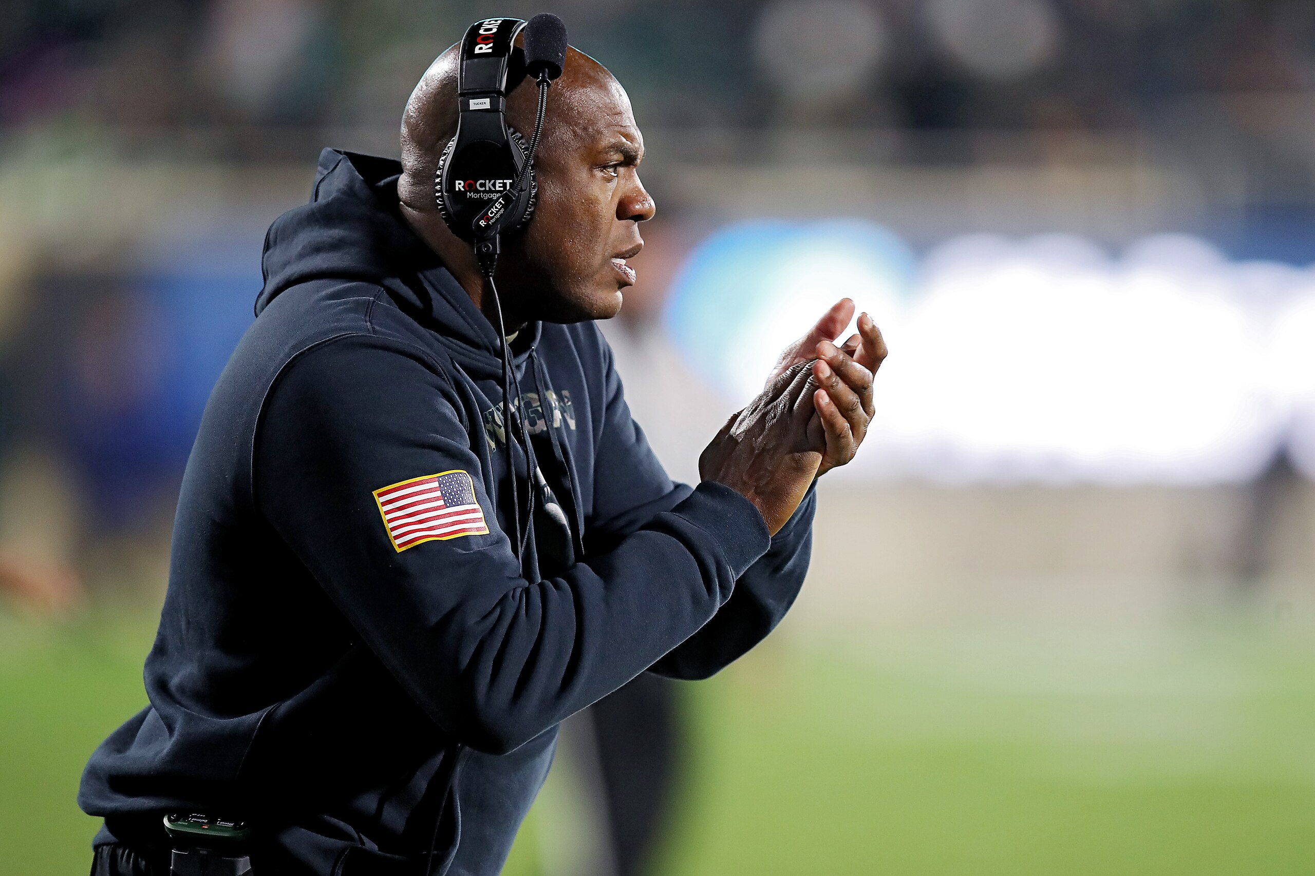 EAST LANSING, MICHIGAN - NOVEMBER 13: Head coach Mel Tucker of the Michigan State Spartans yells out to his players in the second half against the Maryland Terrapins at Spartan Stadium on November 13, 2021 in East Lansing, Michigan. (Photo by Mike Mulholland/Getty Images)