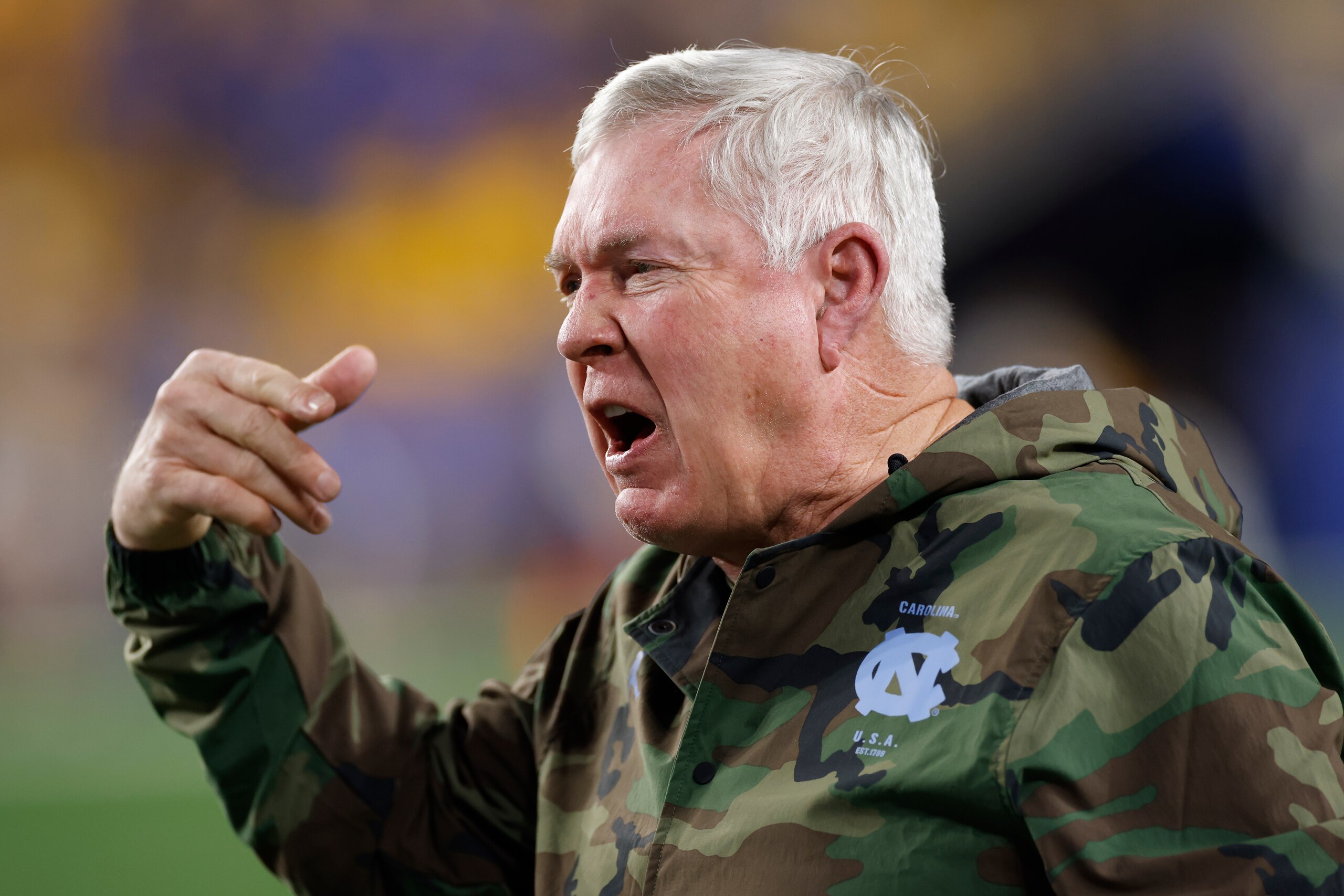 PITTSBURGH, PA - NOVEMBER 11: North Carolina Tar Heels head coach Mack Brown reacts during a college football game against the Pittsburgh Panthers on Nov. 11, 2021 at Heinz Field in Pittsburgh, Pennsylvania. (Photo by Joe Robbins/Icon Sportswire via Getty Images)