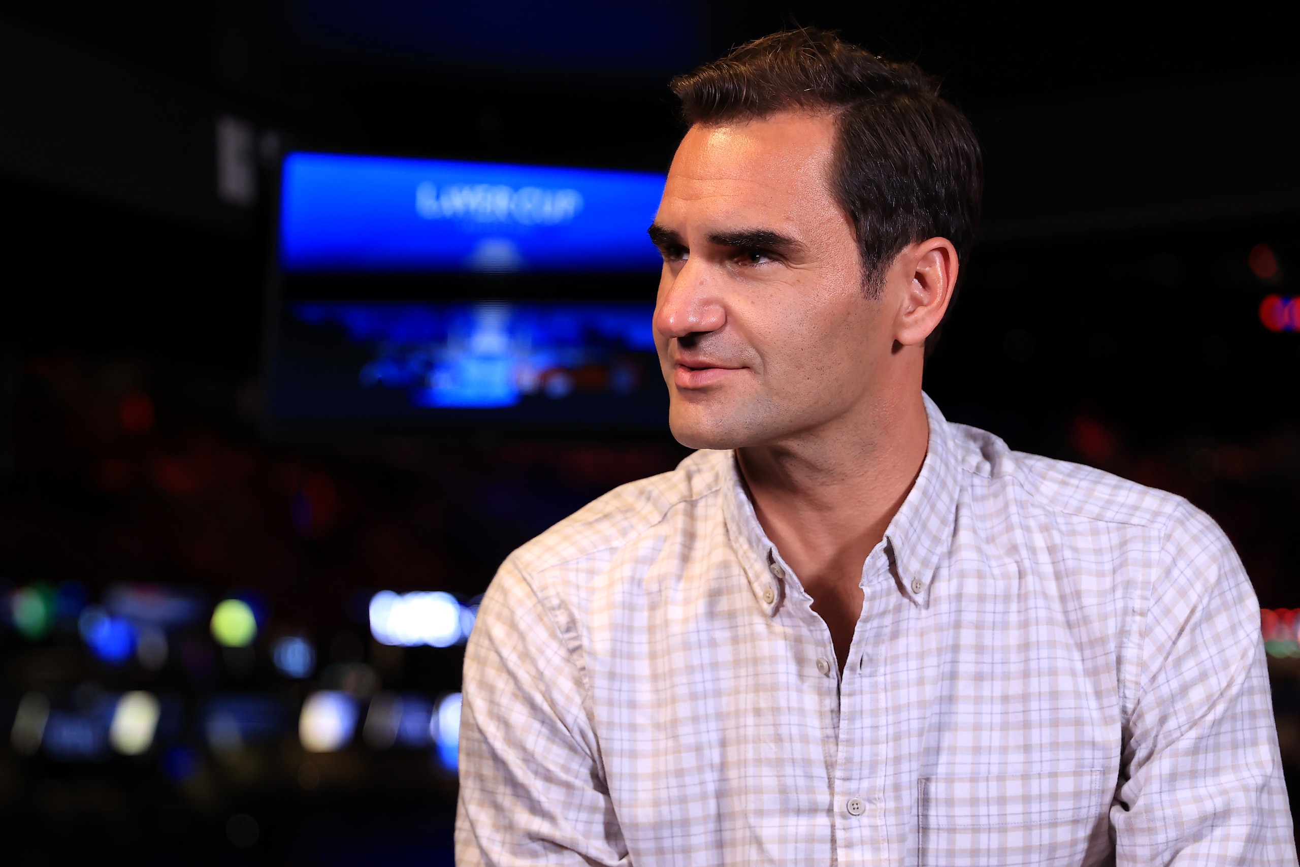 BOSTON, MASSACHUSETTS - SEPTEMBER 25: Roger Federer looks on during an interview with Andy Roddick during Day 2 of the 2021 Laver Cup at TD Garden on September 25, 2021 in Boston, Massachusetts. (Photo by Carmen Mandato/Getty Images for Laver Cup)