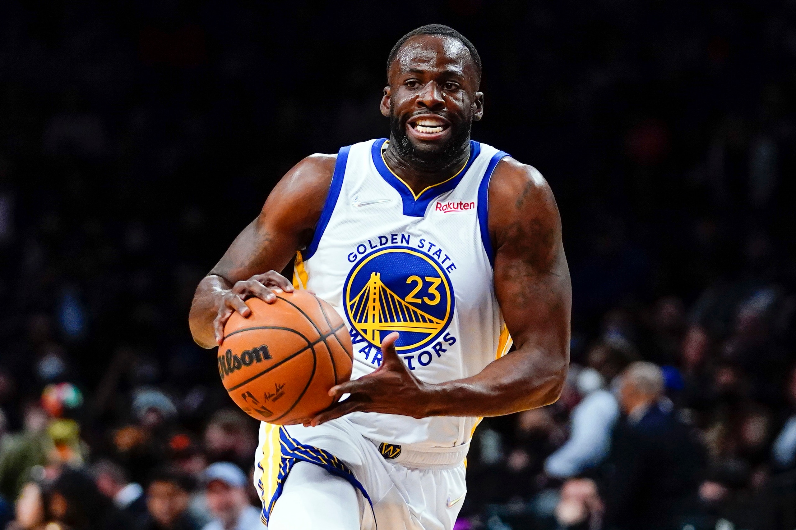 Golden State Warriors' Draymond Green (23) looks to pass during the first half of an NBA basketball game against the Brooklyn Nets, Tuesday, Nov. 16, 2021 in New York. (AP Photo/Frank Franklin II)