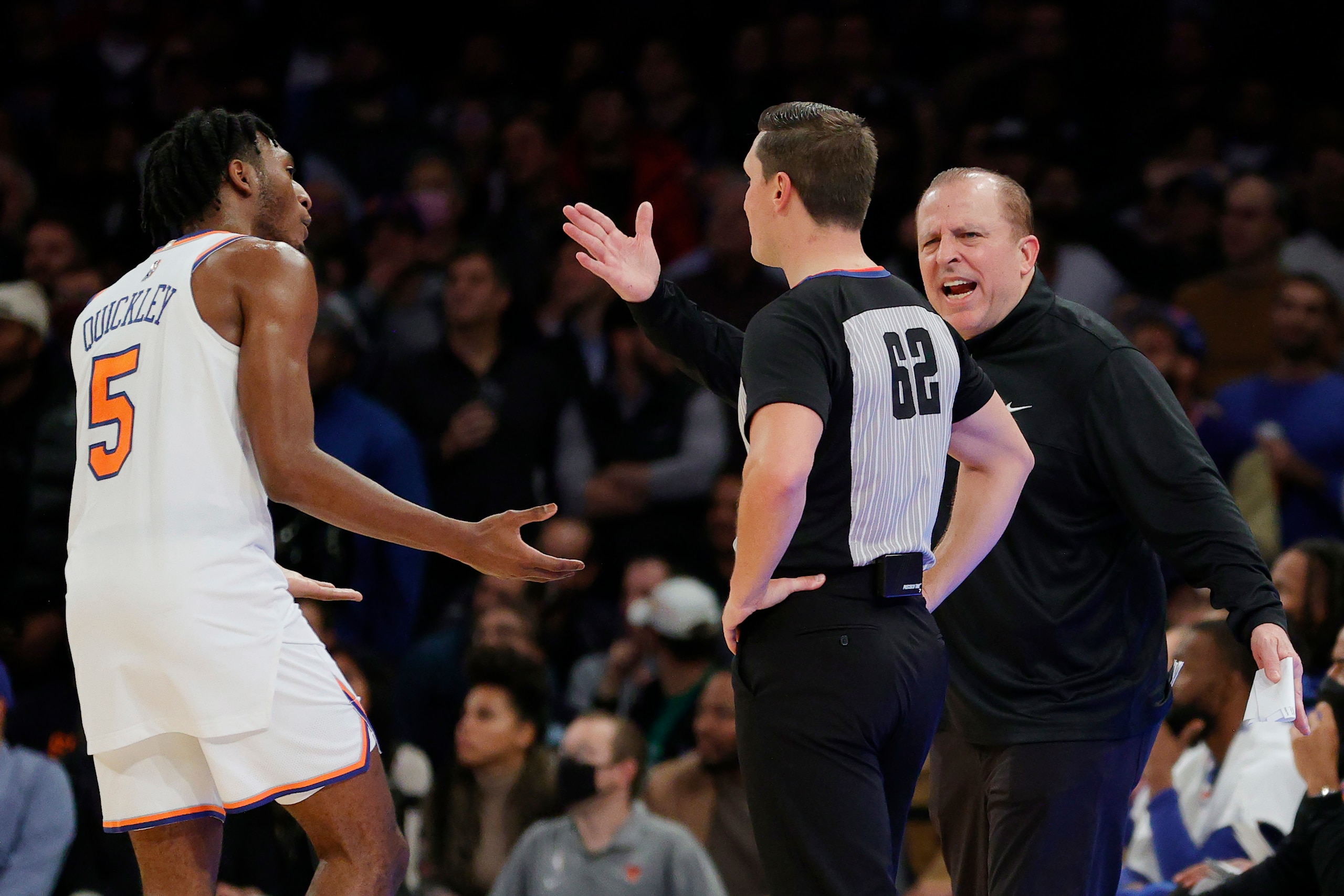 NEW YORK, NEW YORK - NOVEMBER 15: Immanuel Quickley #5 of the New York Knicks and Head coach Tom Thibodeau argue with referee JB DeRosa #62 over a call during the second half against the Indiana Pacers at Madison Square Garden on November 15, 2021 in New York City. The Knicks won 92-84. NOTE TO USER: User expressly acknowledges and agrees that, by downloading and or using this photograph, user is consenting to the terms and conditions of the Getty Images License Agreement. (Photo by Sarah Stier/Getty Images)