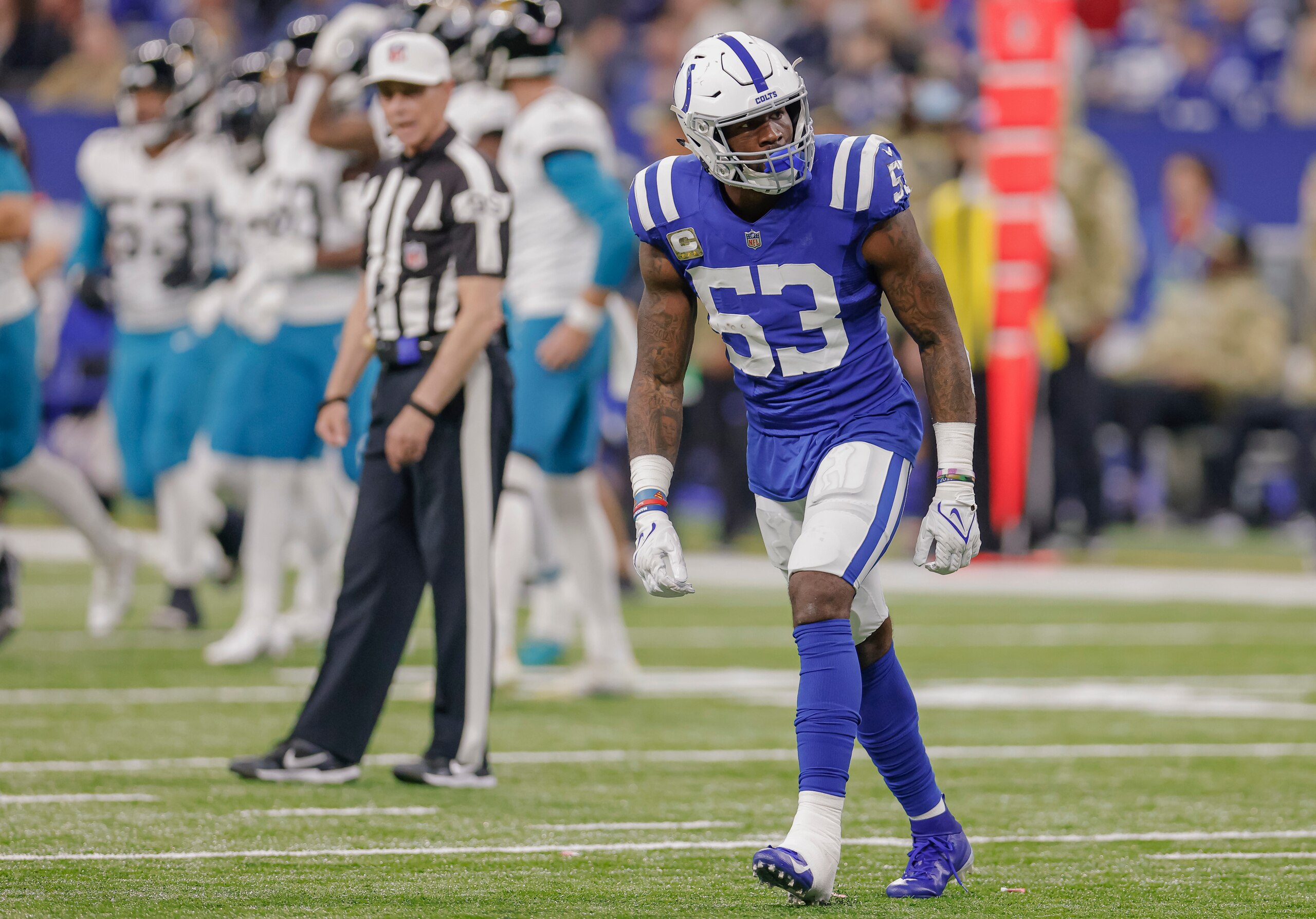 INDIANAPOLIS, IN - NOVEMBER 14: Darius Leonard #53 of the Indianapolis Colts is seen during the game against the Jacksonville Jaguars at Lucas Oil Stadium on November 14, 2021 in Indianapolis, Indiana. (Photo by Michael Hickey/Getty Images)