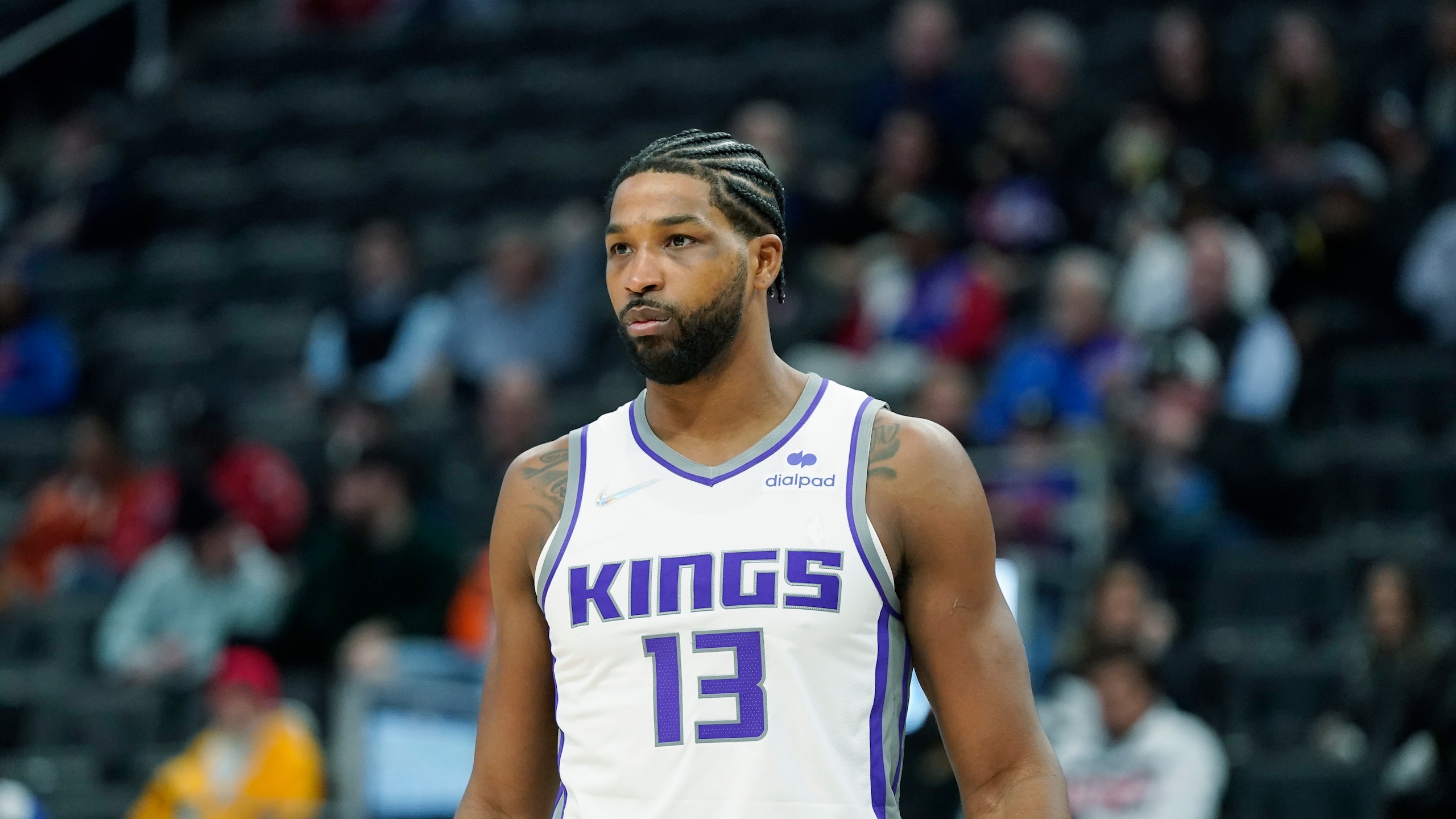 Sacramento Kings center Tristan Thompson plays during the first half of an NBA basketball game, Monday, Nov. 15, 2021, in Detroit. (AP Photo/Carlos Osorio) Sacramento Kings center Tristan Thompson plays during the first half of an NBA basketball game, Monday, Nov. 15, 2021, in Detroit. (AP Photo/Carlos Osorio)