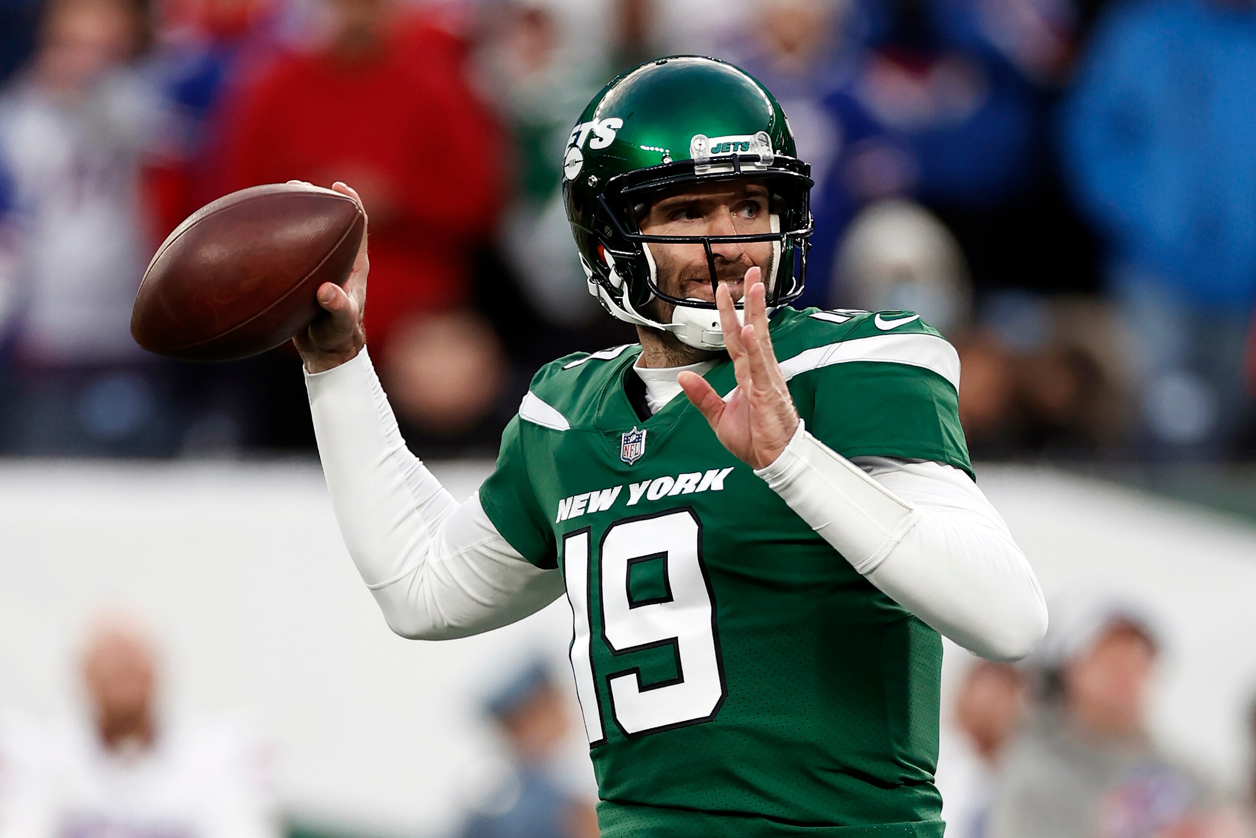 New York Jets quarterback Joe Flacco (19) passes against the Buffalo Bills during an NFL football game, Sunday, Nov. 14, 2021, in East Rutherford, N.J. Flacco will start at quarterback for the New York Jets on Sunday at home against the Miami Dolphins. Coach Robert Saleh made the surprising announcement Wednesday, Nov. 17, as the team decided to go with the 36-year-old veteran over Mike White, who started the last three games in place of the injured Zach Wilson.(AP Photo/Adam Hunger)