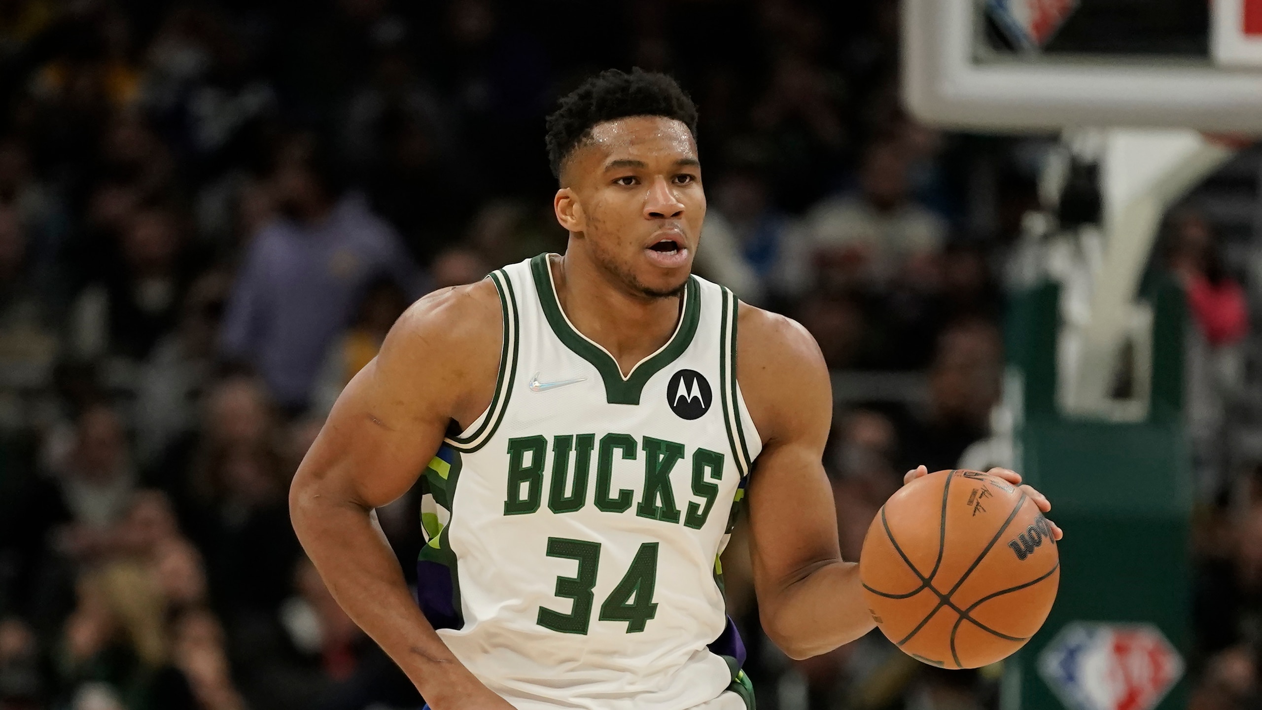 Milwaukee Bucks' Giannis Antetokounmpo during the second half of an NBA basketball game against the Los Angeles Lakers Wednesday, Nov. 17, 2021, in Milwaukee. The Bucks won 109-102. (AP Photo/Morry Gash)