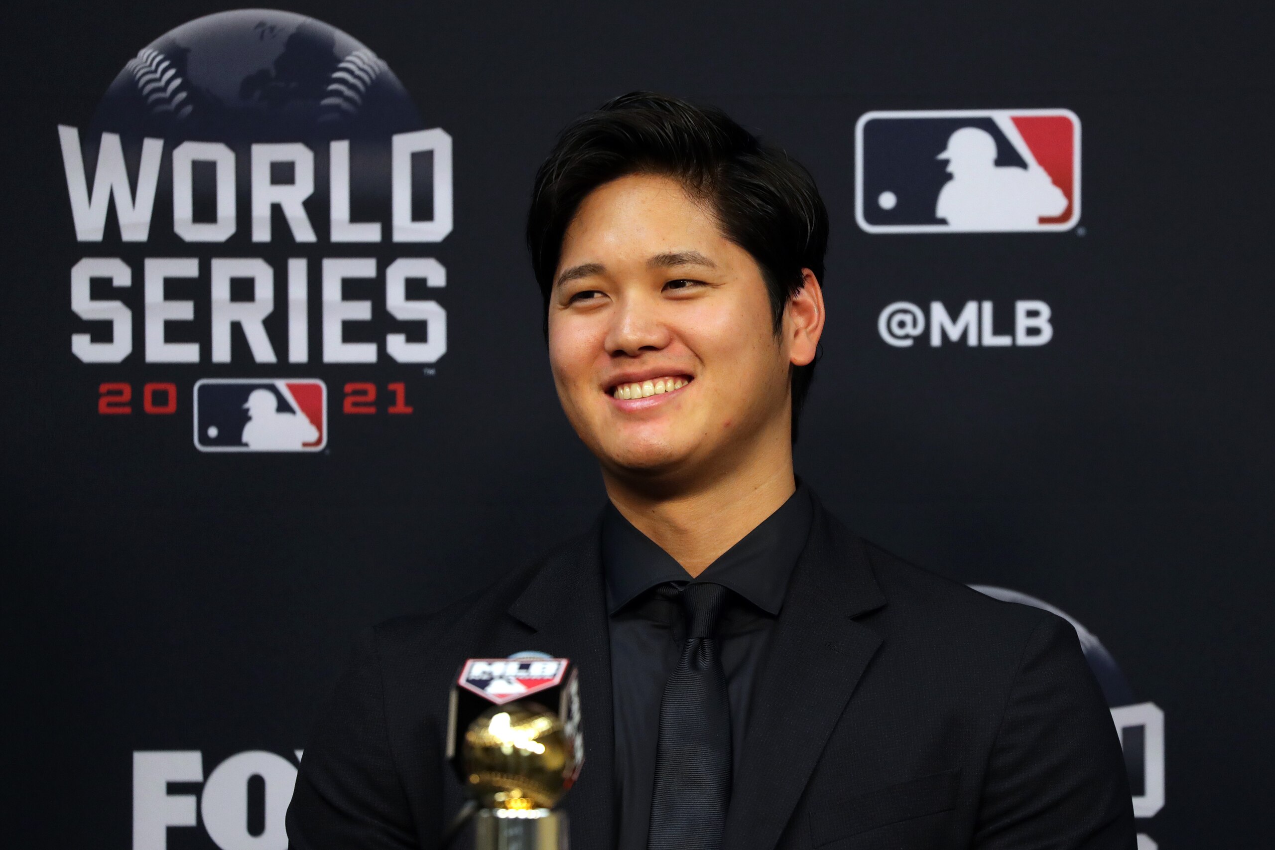 HOUSTON, TX - OCTOBER 26:  Shohei Ohtani #17 of the Los Angeles Angels speaks to media as he is honored with the Commissioners Historic Achievement Award during Game 1 of the 2021 World Series between the Atlanta Braves and the Houston Astros at Minute Maid Park on Tuesday, October 26, 2021 in Houston, Texas. (Photo by Mary DeCicco/MLB Photos via Getty Images)