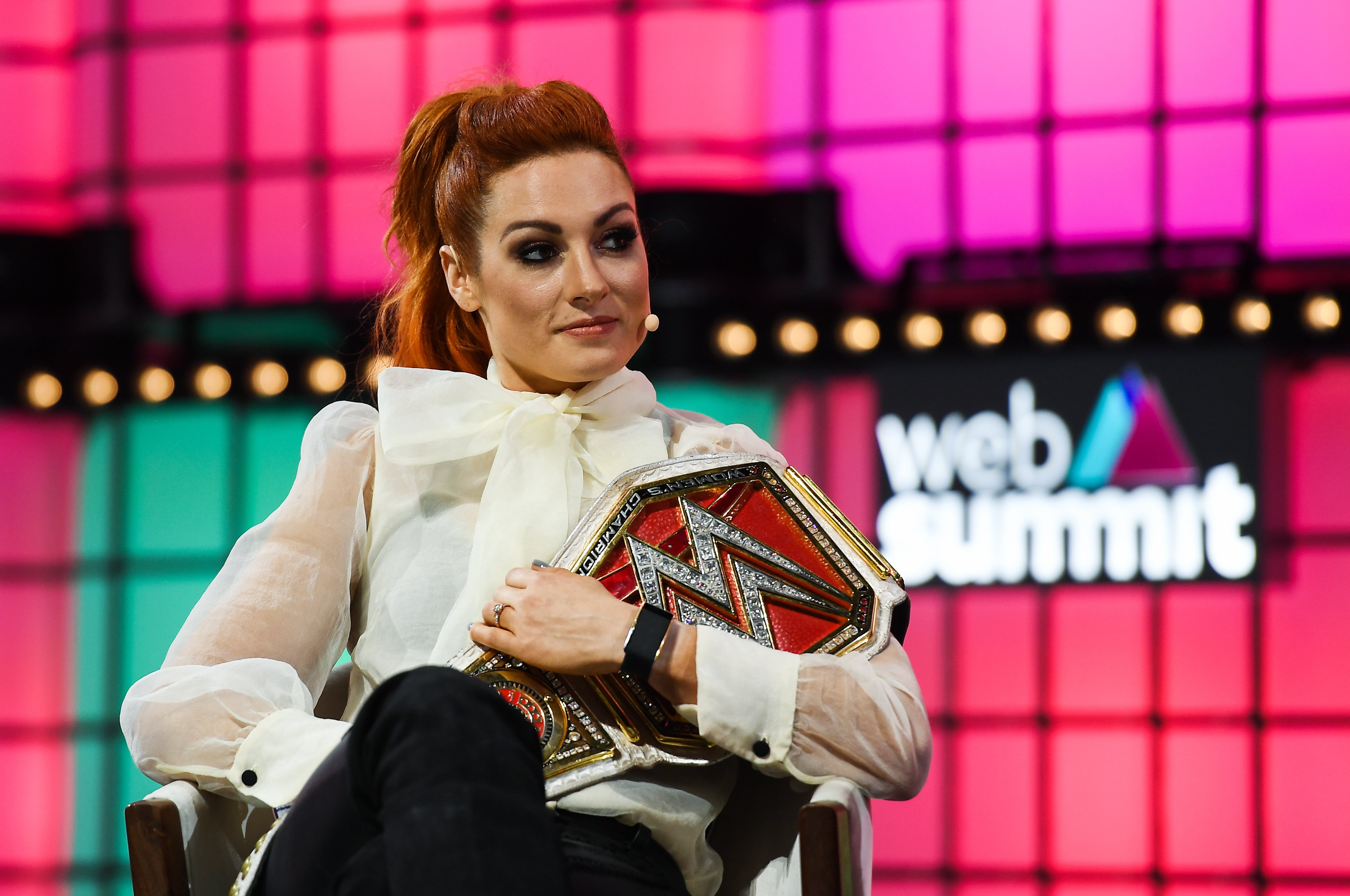 LISBON , PORTUGAL - 7 November 2019; Becky Lynch, WWE Superstar, WWE, on Centre Stage during the final day of Web Summit 2019 at the Altice Arena in Lisbon, Portugal. (Photo By Harry Murphy/Sportsfile for Web Summit via Getty Images)