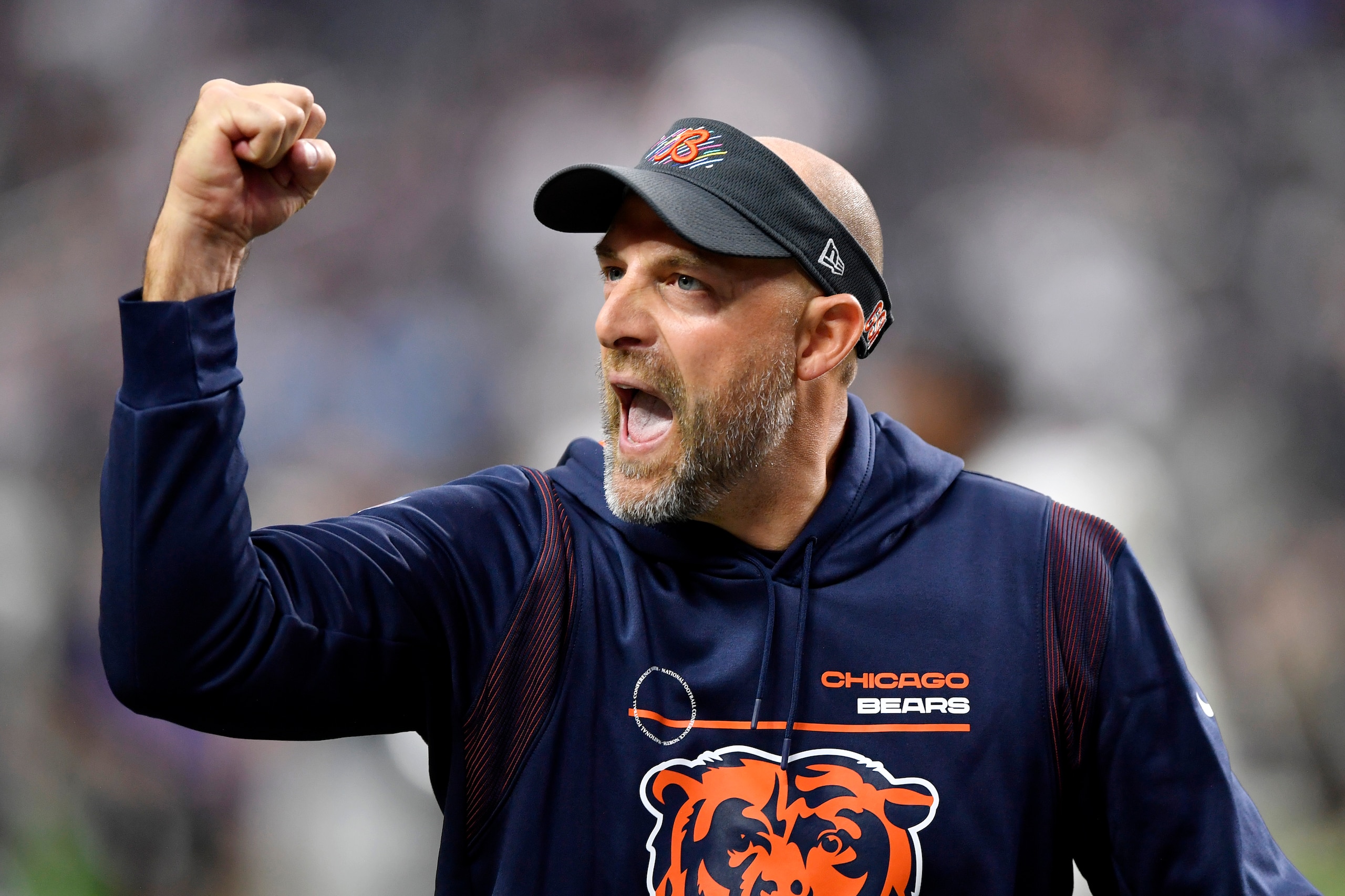 LAS VEGAS, NEVADA - OCTOBER 10: Head coach Matt Nagy of the Chicago Bears celebrates a win against the Las Vegas Raiders at Allegiant Stadium on October 10, 2021 in Las Vegas, Nevada. (Photo by Chris Unger/Getty Images)